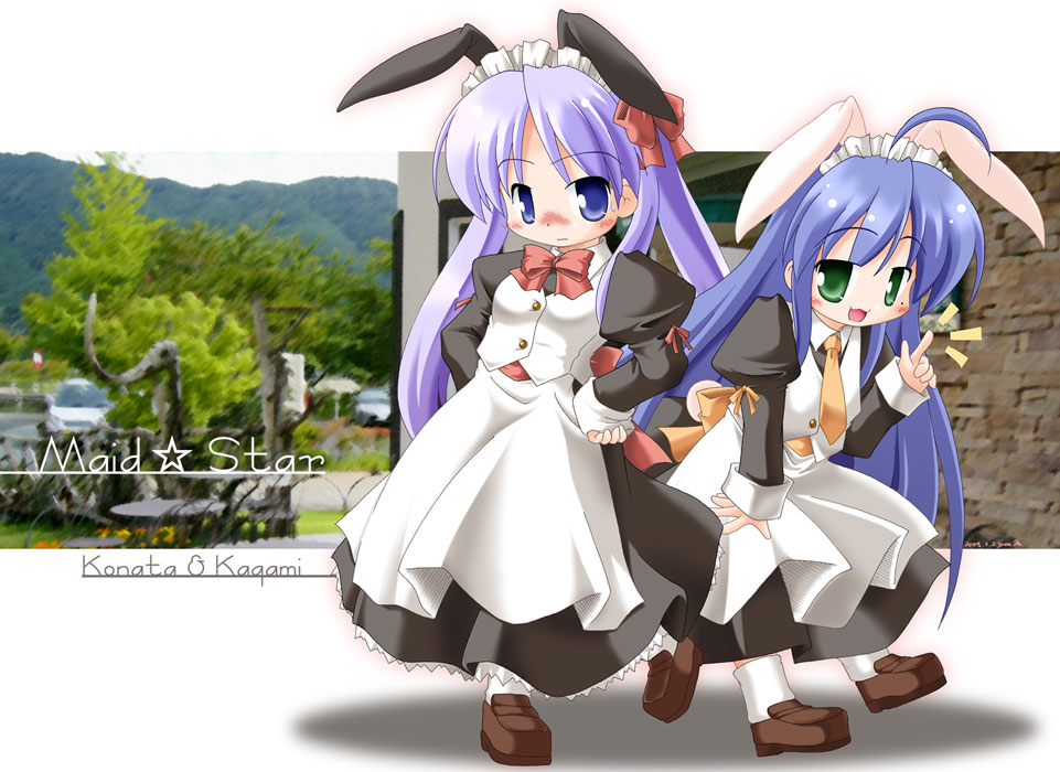 hiiragi kagami, izumi konata, lucky star, 00s, 2girls, :3, alternate costume, animal ears, blue eyes, blue hair, blush, enmaided, frills, green eyes, long hair, maid, mole, mole under eye, multiple girls, purple hair, rabbit ears, twintails