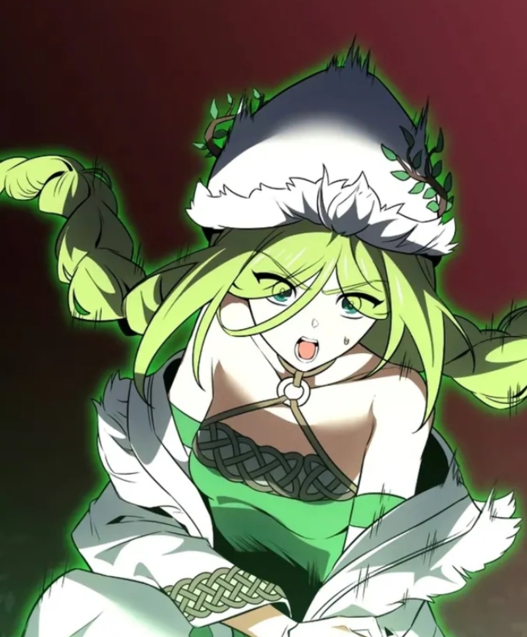 yuel, highres, tagme, 1girl, green eyes, green hair, i killed the player of the academy, red background