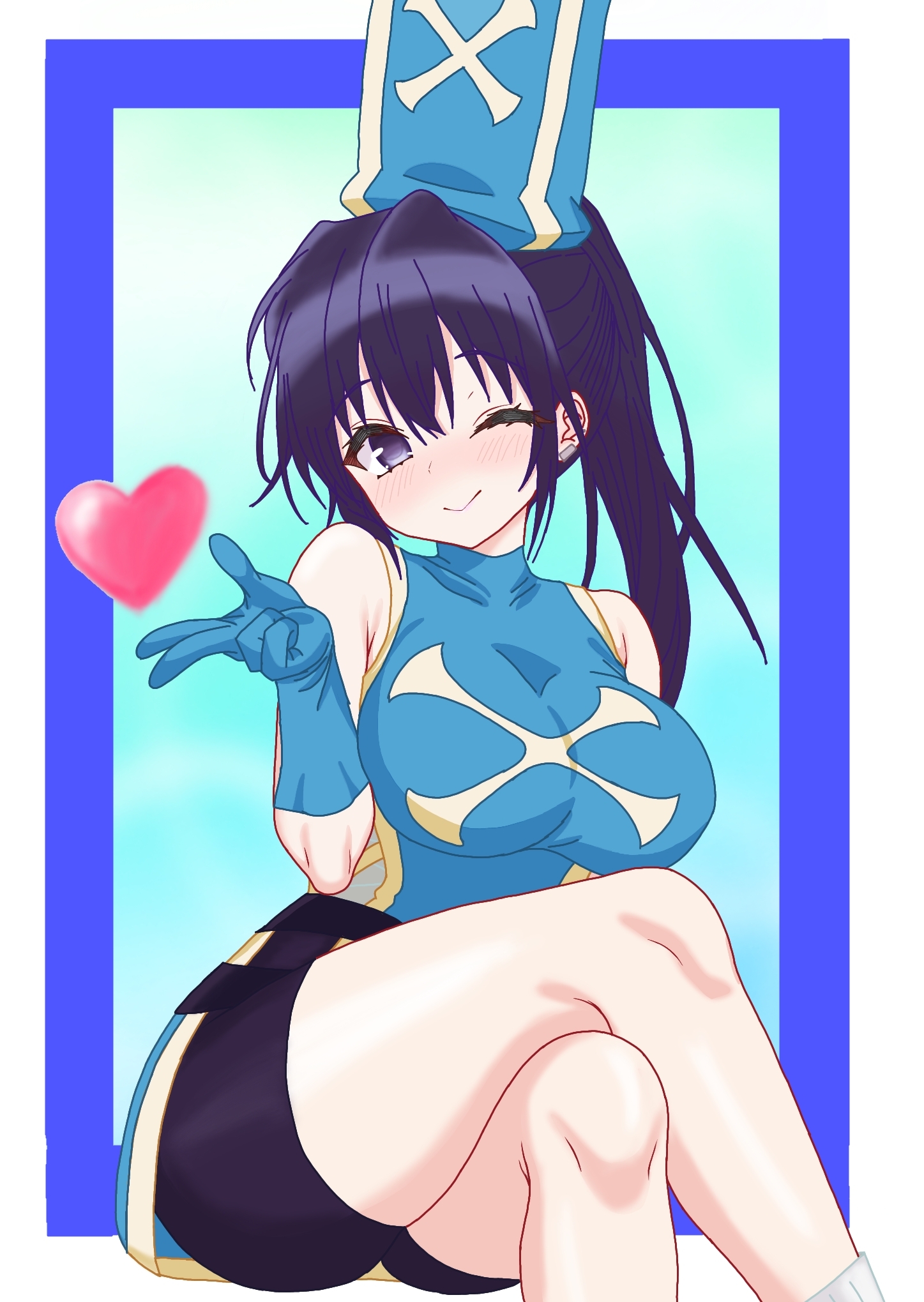 anemone (kizetsu yuusha), kizetsu yuusha to ansatsu hime, highres, 1girl, arm under breasts, bike shorts, blowing kiss, blue gloves, blush, breasts, crossed legs, ear piercing, gloves, heart, large breasts, looking at viewer, one eye closed, piercing, ponytail, priestess, purple eyes, purple hair, sitting, sleeveless, smile, thick thighs, thighs, wink