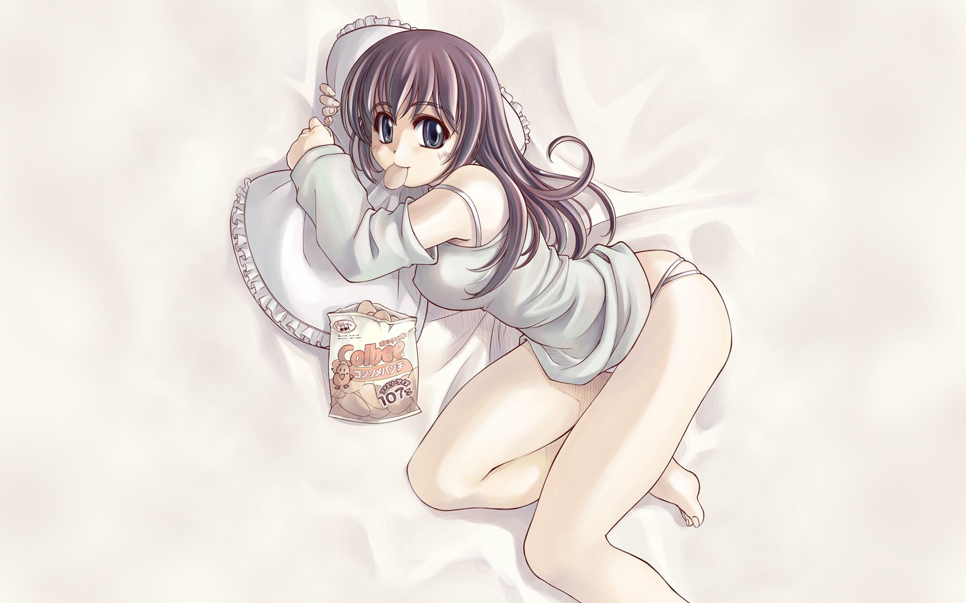 mil (xration), highres, 1girl, barefoot, bottomless, camisole, chips (food), detached sleeves, female focus, food, hugging object, lying, mouth hold, no pants, on side, pillow, pillow hug, potato chips, solo