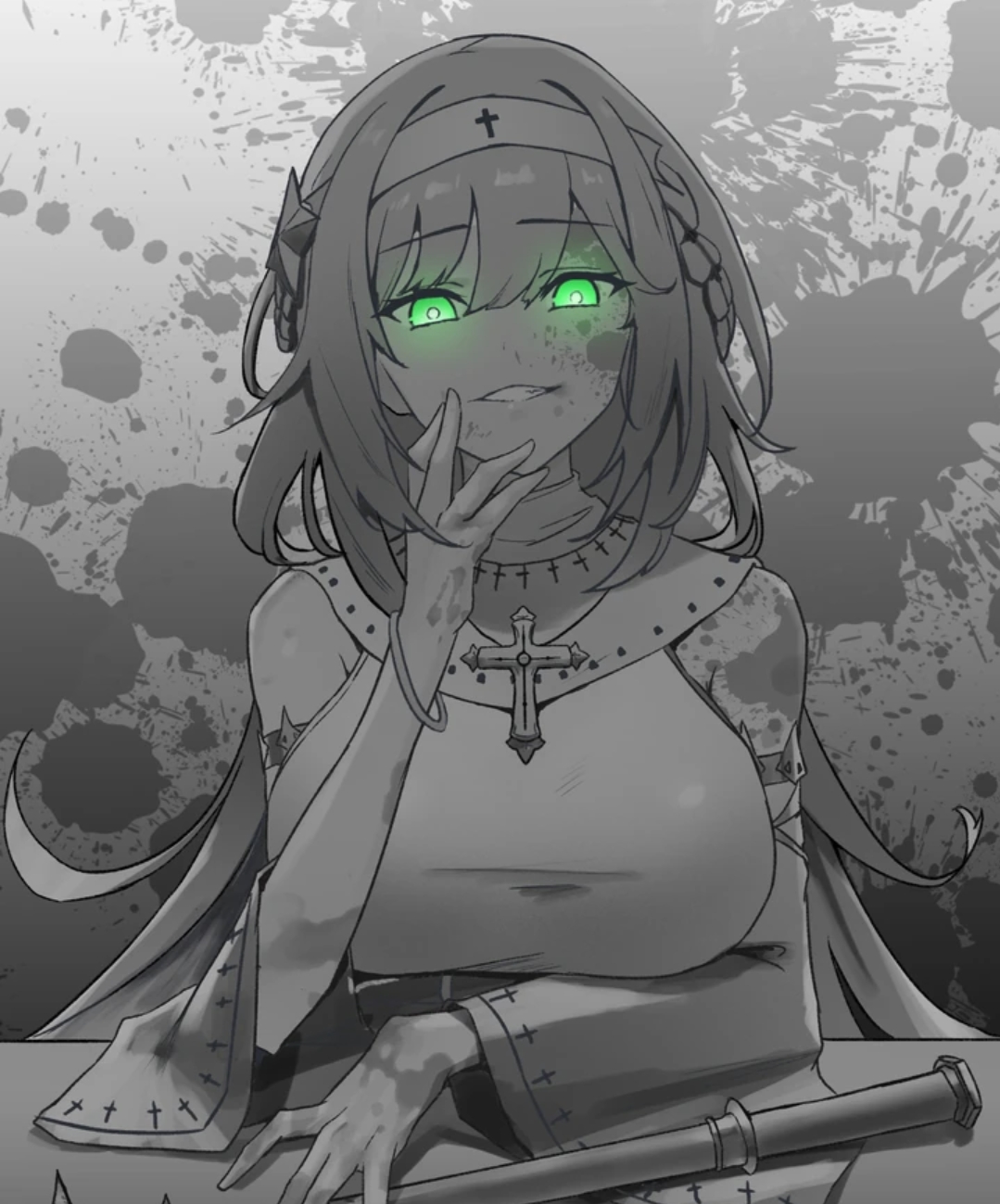 1girl, black white, blood, blood on face, estelle hadatha, green eyes, i killed the player of the academy