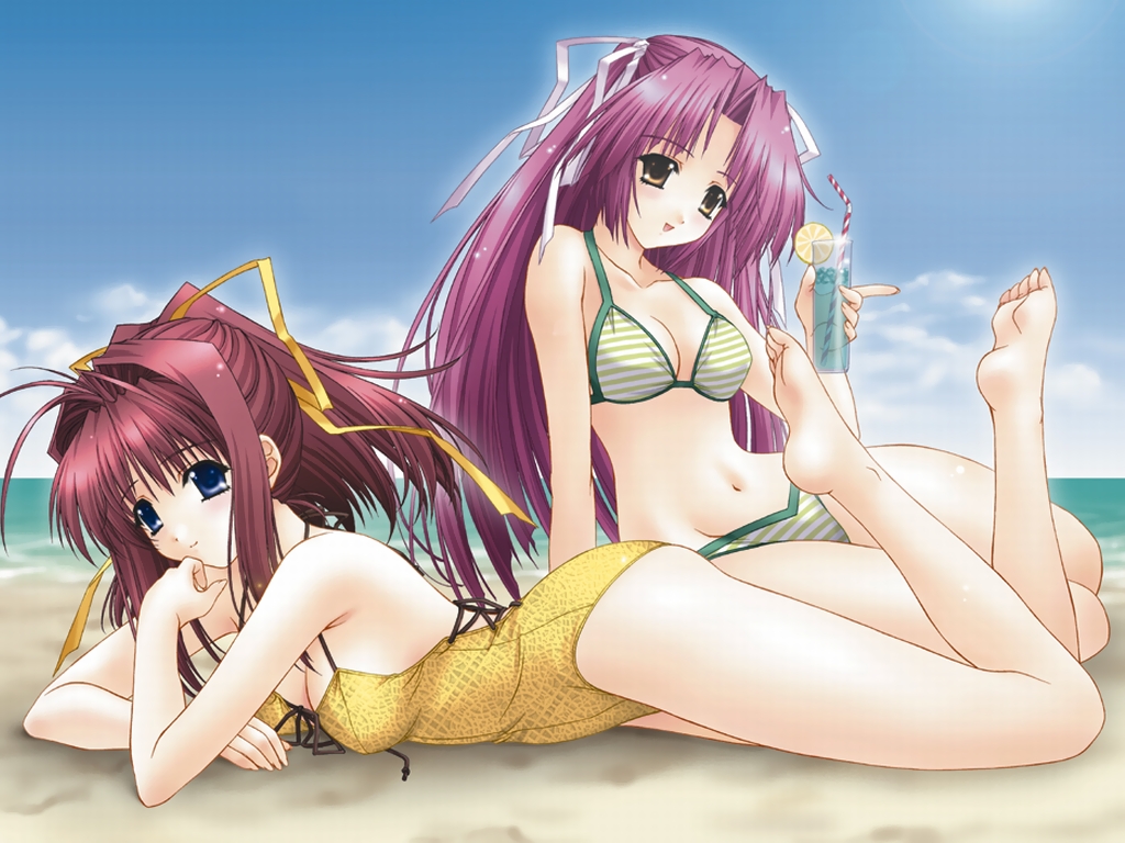 kimizuka aoi, miyashita ayase, senoo chihogi, 3ldk, non-web source, 2girls, barefoot, beach, bikini, blue eyes, breasts, brown eyes, brown hair, cleavage, cup, day, drink, drinking glass, drinking straw, feet, food, fruit, hair ribbon, lemon, long hair, lowleg, lowleg bikini, lying, medium breasts, multiple girls, on stomach, one-piece swimsuit, outdoors, pink hair, ponytail, purple hair, ribbon, sitting, smile, striped bikini, striped clothes, swimsuit