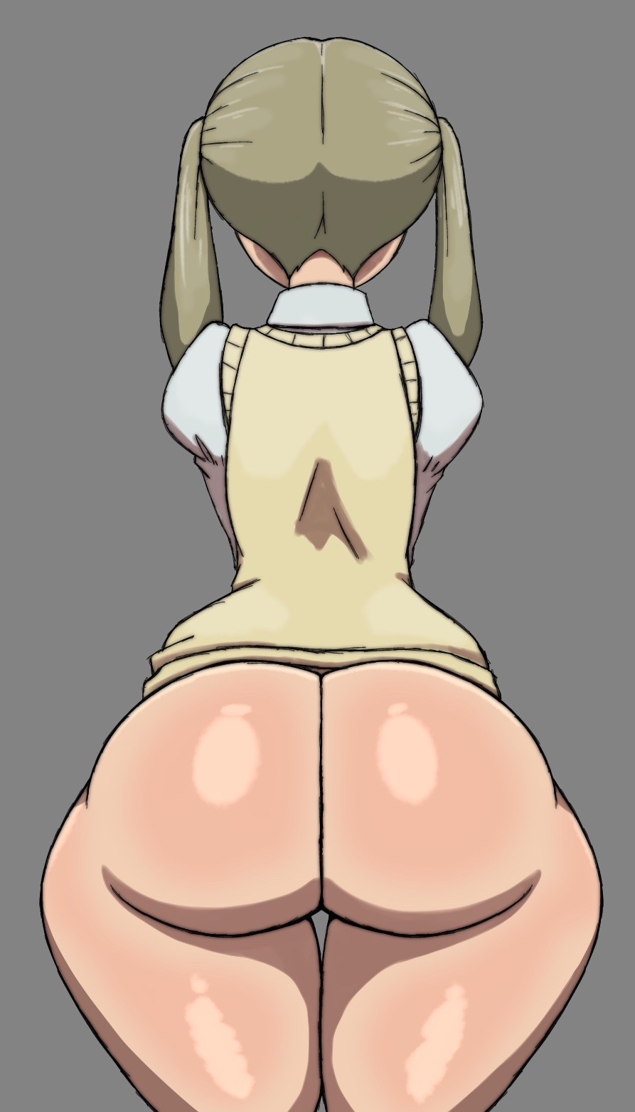 n00b0d1, maka albarn, soul eater, highres, 1girl, ass, ass focus, bottomless, convenient censoring, cowboy shot, female focus, from behind, grey background, grey hair, huge ass, long hair, shirt, simple background, sleeveless, sleeveless sweater, solo, standing, sweater, thick thighs, thighs, twintails, white shirt, wide hips, yellow sweater