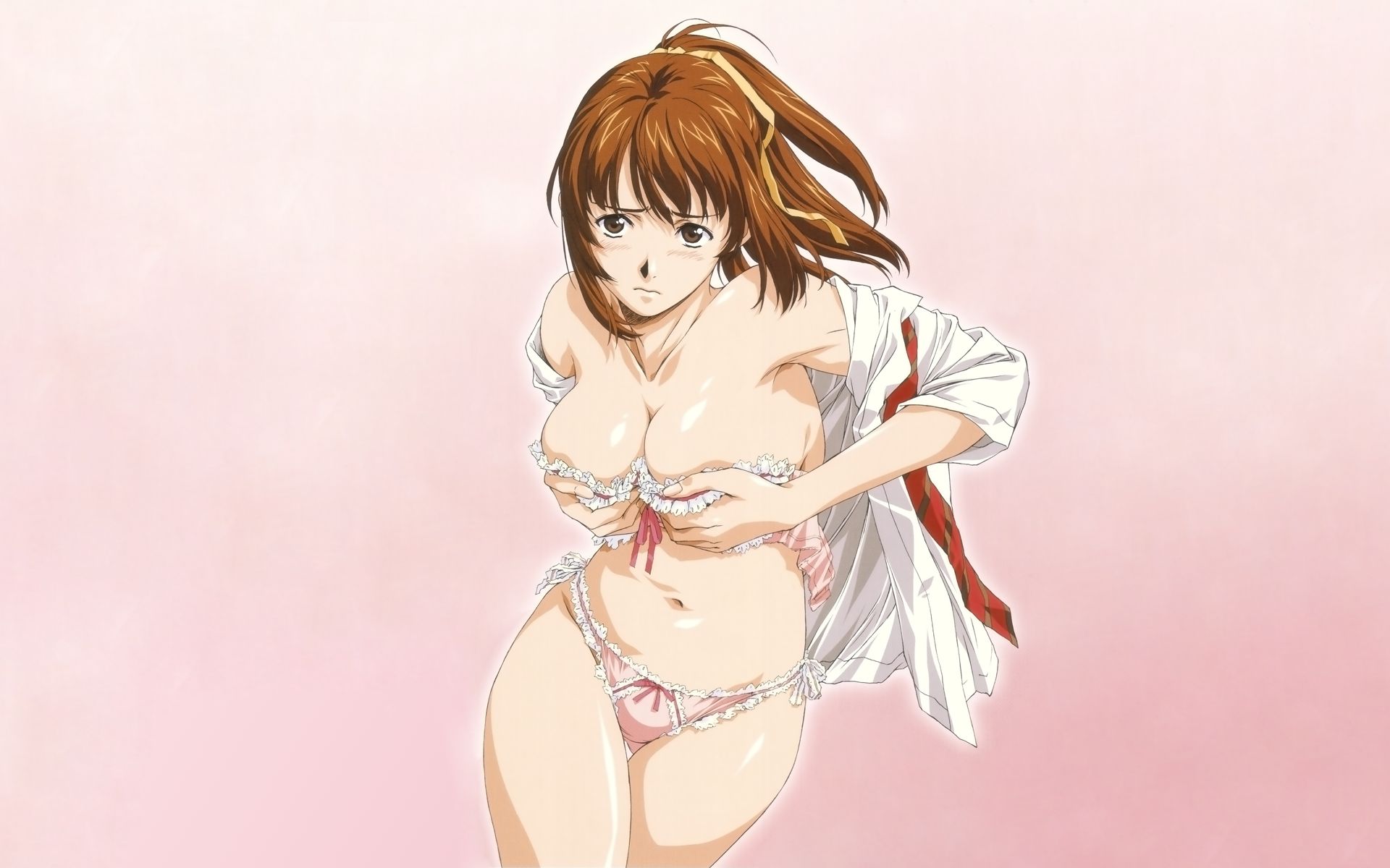 horibe hiderou, yazawa momoka, fragments blue, highres, 1girl, bra, breasts, brown eyes, brown hair, cleavage, female focus, large breasts, lingerie, panties, ponytail, school uniform, serafuku, sleeves pushed up, solo, underwear