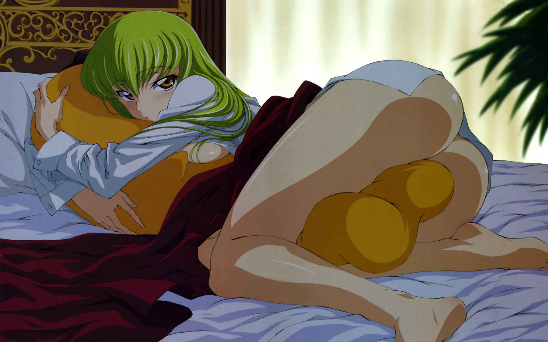 tabata hisayuki, c.c., cheese-kun, code geass, pizza hut, highres, 00s, 1girl, ass, barefoot, bed, blush, feet, female focus, green hair, hug, long hair, lying, open clothes, open shirt, shirt, solo, yellow eyes