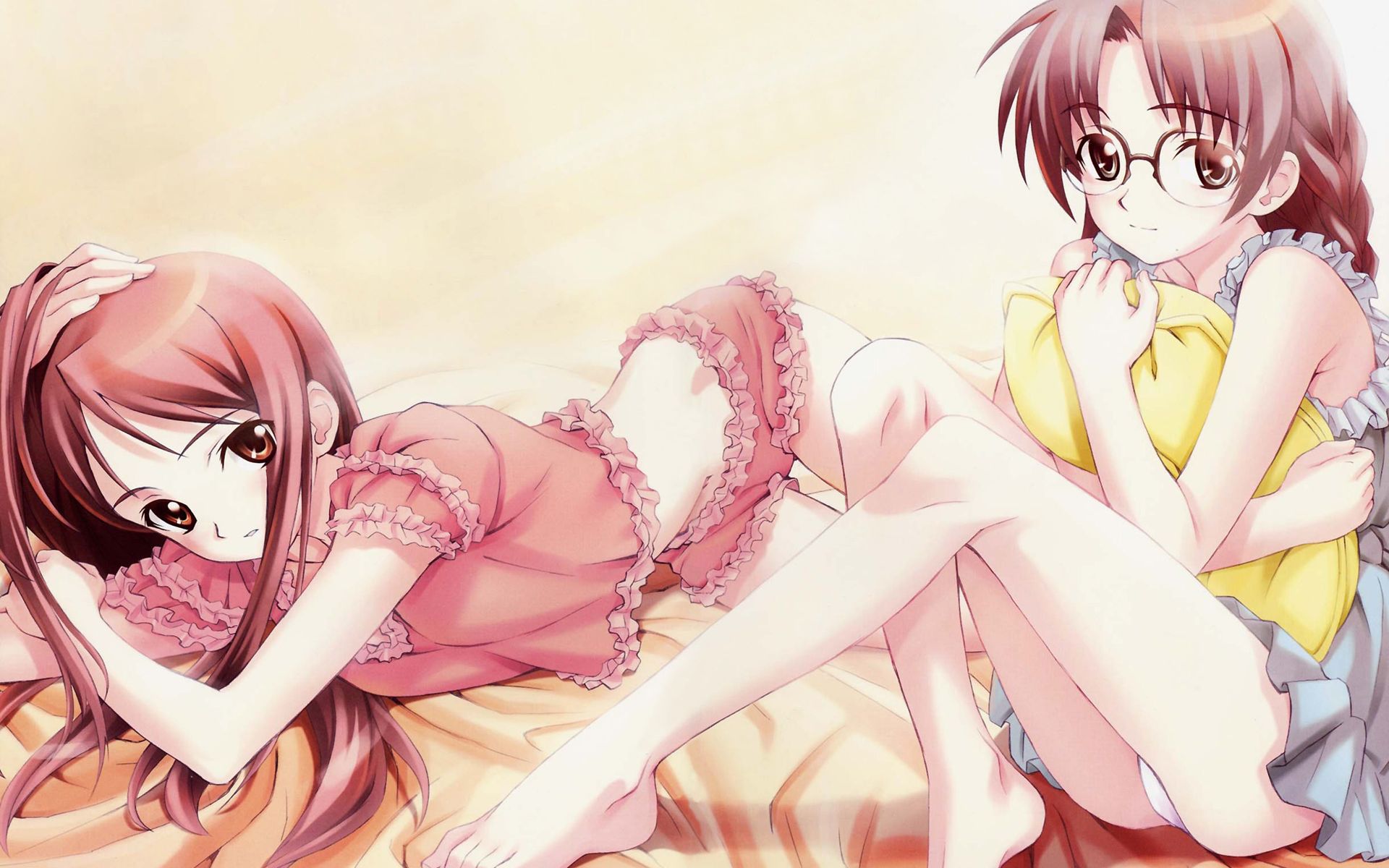 matsuryuu, kirihara touko, miyasumi misato, cross channel, highres, barefoot, bed, brown hair, glasses, hug, hugging object, lingerie, panties, pantyshot, pillow, pillow hug, underwear