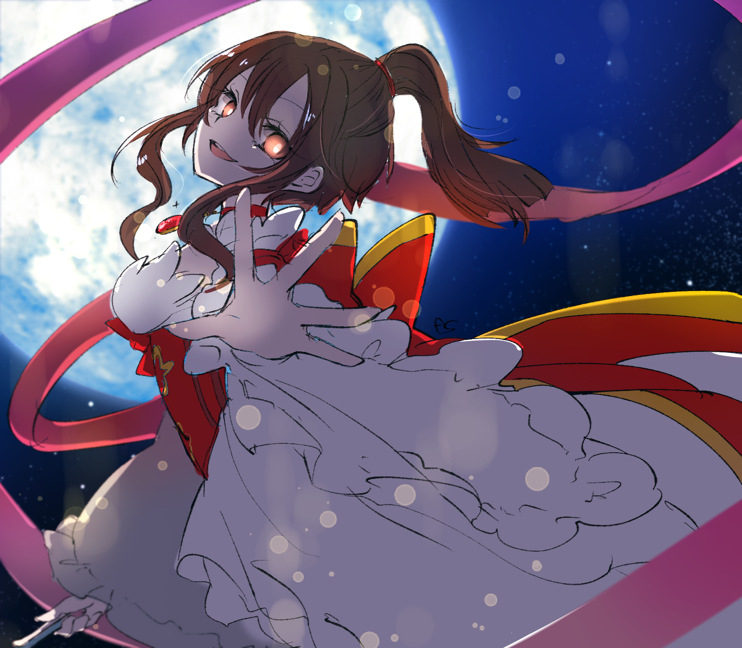 asuta (kinakomoti300), wanderer (ragnarok online), ragnarok online, commentary request, highres, 1girl, back bow, blue sky, bow, breasts, brown hair, corset, cowboy shot, dress, frilled dress, frilled sleeves, frills, full moon, high ponytail, large bow, long hair, looking at viewer, looking to the side, medium breasts, moon, official alternate costume, open mouth, orange eyes, ponytail, reaching, reaching towards viewer, red bow, red corset, sidelocks, sky, smile, solo, wide sleeves