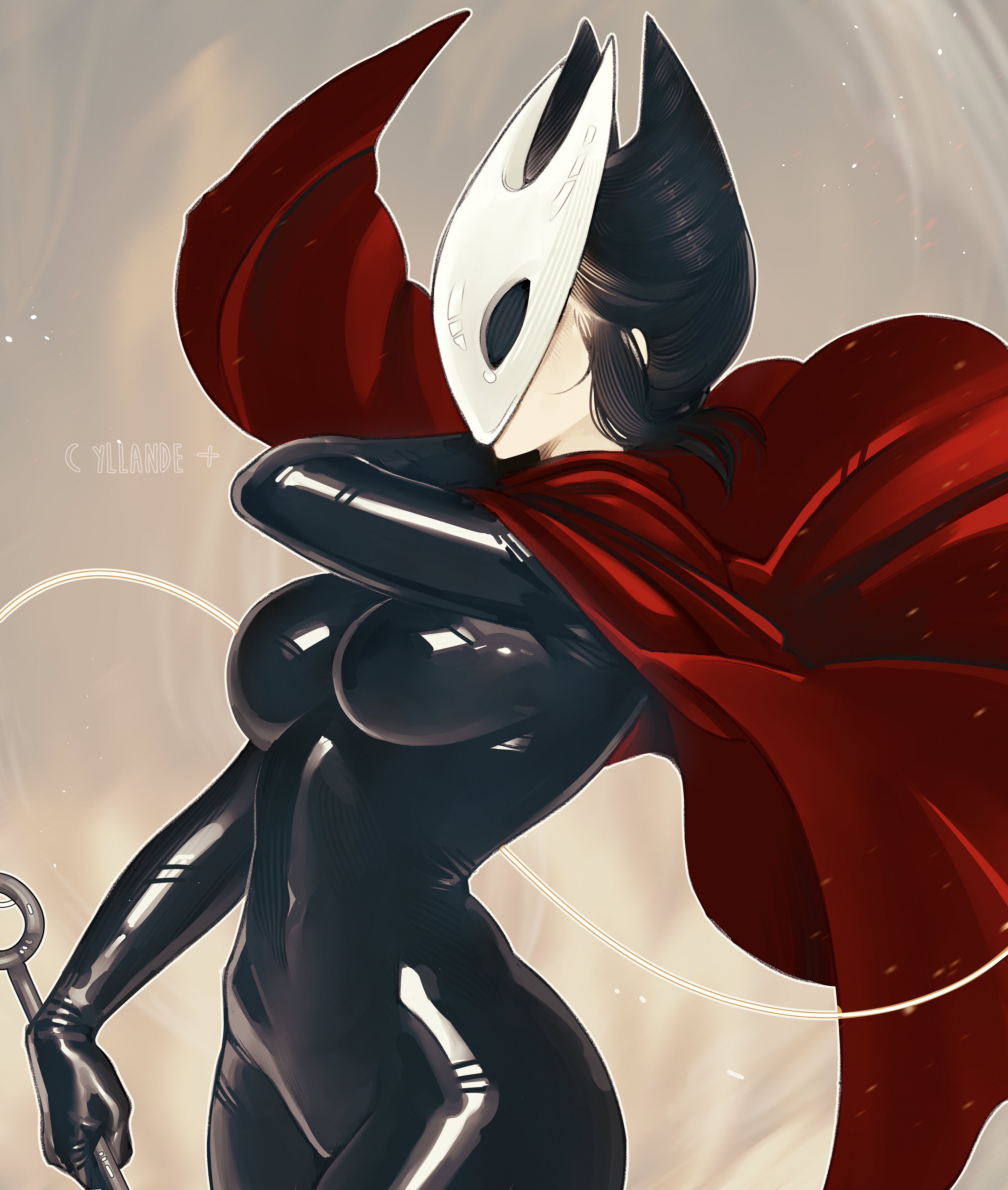 yiiande, hornet (hollow knight), hollow knight, hollow knight: silksong, absurdres, commentary, highres, 1girl, artist name, black bodysuit, black hair, bodysuit, breasts, cape, covered navel, cowboy shot, holding, holding weapon, horn-shaped hair, horned mask, impossible bodysuit, impossible clothes, mask, medium breasts, needle (hollow knight), red cape, solo, weapon, white mask