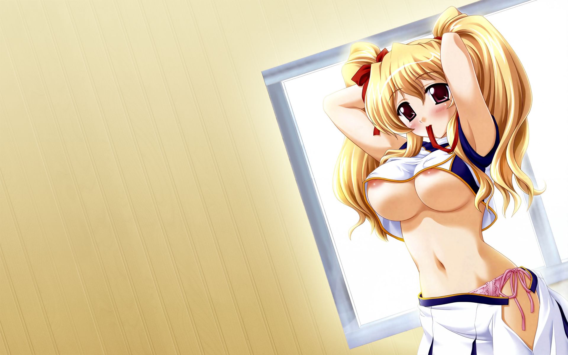 shirakaba kozue, cheerfull!, highres, blonde hair, breasts, large breasts, midriff, mole, panties, red eyes, solo, twintails, underboob, underwear