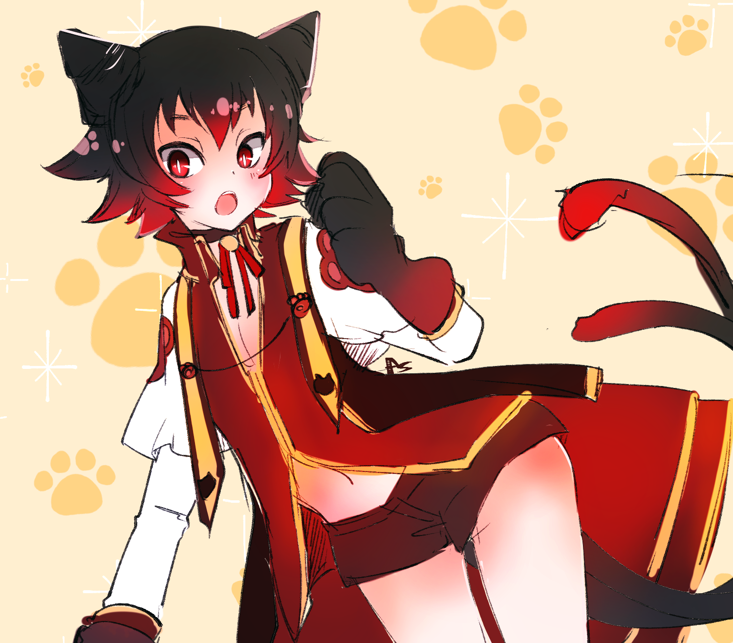 asuta (kinakomoti300), arch bishop (ragnarok online), ragnarok online, commentary request, highres, 1boy, adapted costume, animal hands, bishounen, black hair, brown shorts, capelet, cat boy, cat tail, cone hair bun, cowboy shot, gloves, gold trim, hair bun, looking at viewer, male focus, multiple tails, official alternate costume, open mouth, paw gloves, paw print, paw print background, red eyes, red shirt, shirt, short hair, shorts, solo, tail, two tails, white capelet, yellow background