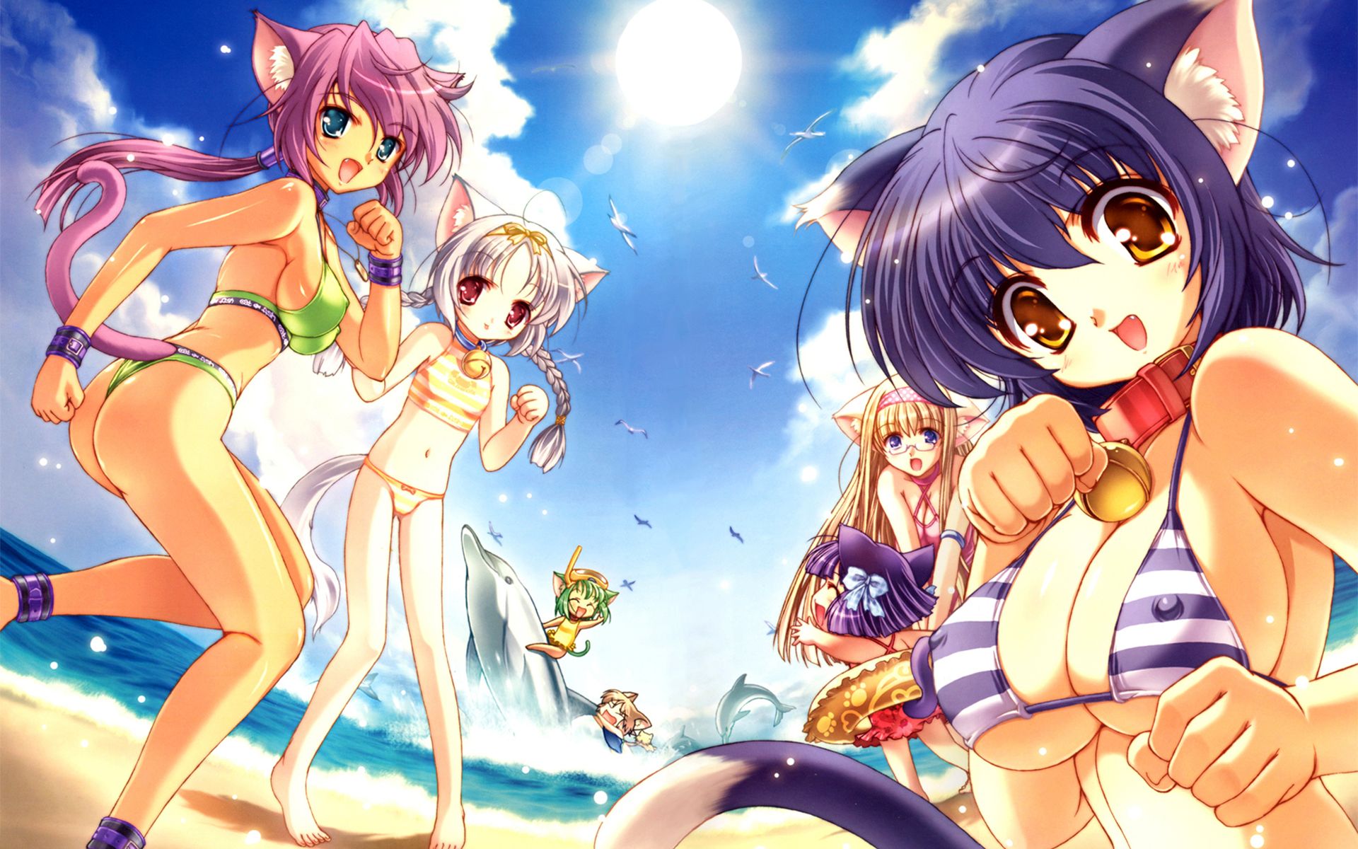 ishida hiroyuki, silver hair, striped, highres, 6+girls, animal ears, ankle cuffs, anklet, ass, beach, bell, bikini, braid, breasts, cat ears, cat tail, chibi, cleavage, cloud, collar, covered erect nipples, cuffs, day, dolphin, fang, glasses, innertube, jewelry, jingle bell, large breasts, multiple girls, neck bell, ocean, outdoors, pink hair, ponytail, sideboob, sky, sun, swim ring, swimsuit, tail, twin braids, underboob, wrist cuffs
