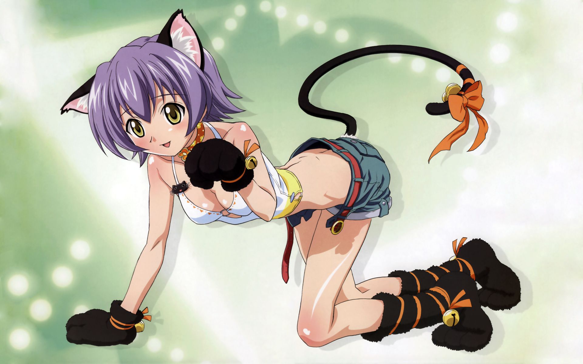 ookaji hiroyuki, izumi ako, mahou sensei negima!, megami magazine, fur, highres, non-web source, scan, 00s, 1girl, all fours, animal ears, animal hands, arched back, ass, back, bell, belt, blue hair, blush, breasts, butt crack, cat ears, cat girl, cat tail, choker, cleavage, collar, crop top, dimples of venus, female focus, full body, jingle bell, large breasts, legs, midriff, no panties, open belt, open clothes, open fly, open mouth, open shorts, paw pose, purple hair, ribbon, short hair, short shorts, shorts, smile, solo, tail, tail bell, tail ornament, tail ribbon, unzipped, yellow eyes