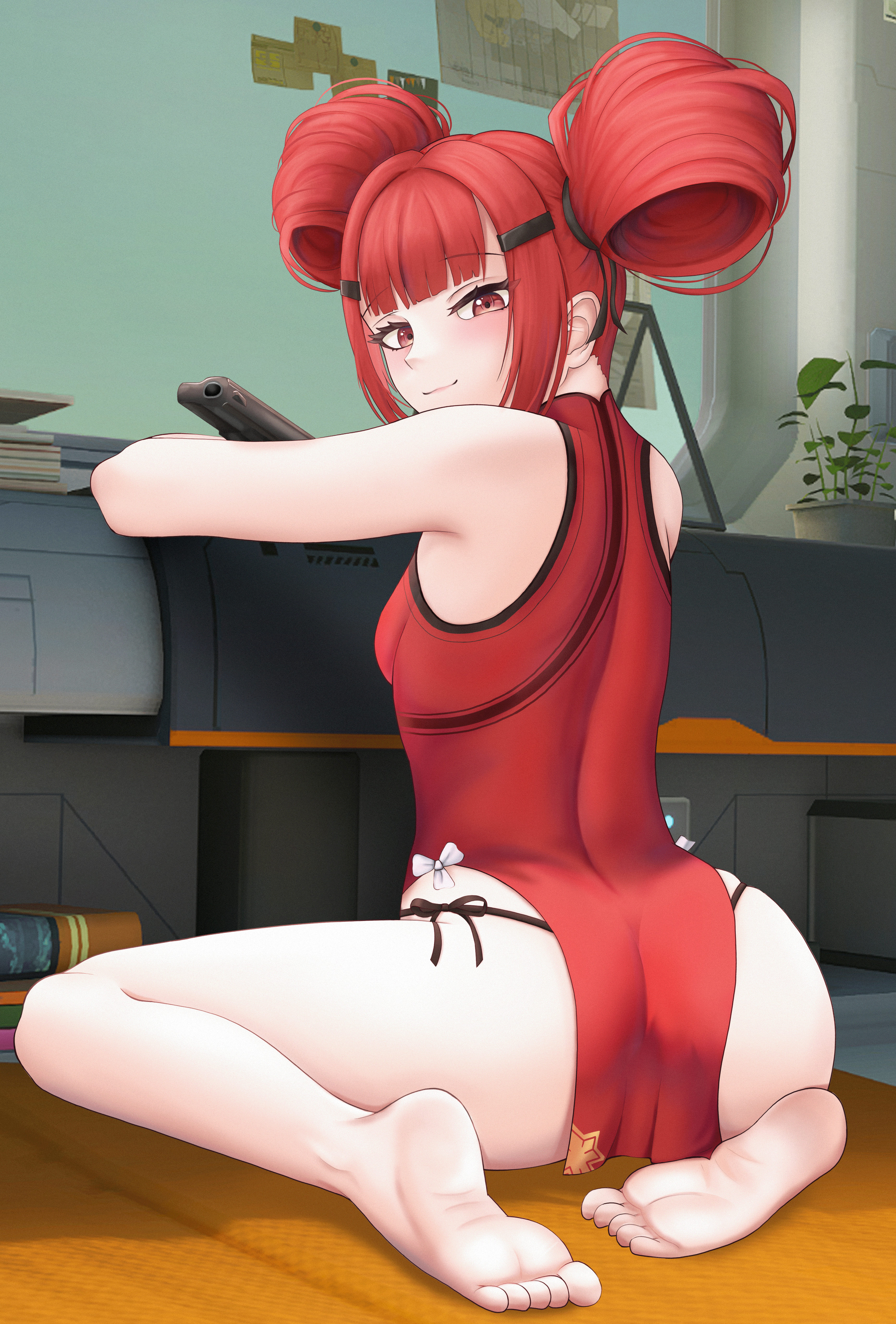 cz75 (girls' frontline), faye (girls' frontline 2), girls' frontline, girls' frontline 2: exilium, absurdres, commentary, english commentary, highres, 1girl, :3, arms up, ass, bare legs, bare shoulders, barefoot, black panties, black ribbon, blush, breasts, double bun, dress, from behind, full body, gun, hair bun, hair ornament, hair ribbon, hair rings, hairclip, half-closed eyes, handgun, holding, holding gun, holding weapon, indoors, long hair, looking at viewer, looking back, medium hair, panties, red dress, red eyes, red hair, ribbon, short dress, side-tie panties, sitting, sleeveless, sleeveless dress, small breasts, smile, soles, solo, underwear, weapon, yuuriy