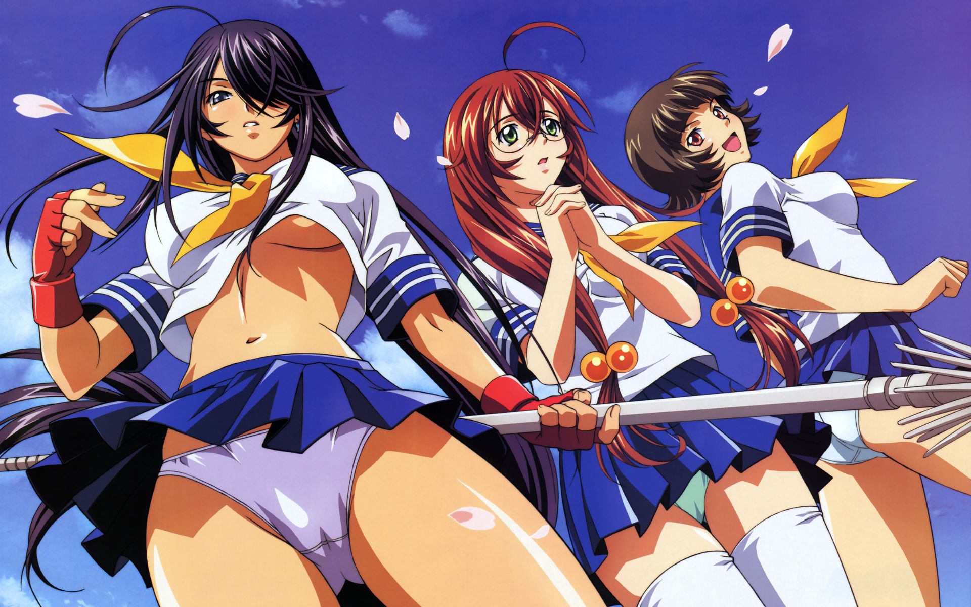 rin-sin, chouhi ekitoku, kan'u unchou, ryuubi gentoku, ikkitousen, ikkitousen dragon destiny, megami magazine, volume80, white legwear, highres, non-web source, official art, official wallpaper, scan, 00s, 3girls, ahoge, ass, black hair, blue eyes, blue panties, breasts, cameltoe, crop top, day, fingerless gloves, gloves, green eyes, green panties, hair bobbles, hair ornament, hair over one eye, large breasts, long hair, looking back, low-tied long hair, multiple girls, own hands clasped, own hands together, panties, pantyshot, petals, pink eyes, polearm, purple hair, red hair, school uniform, serafuku, shiny skin, short hair, skirt, sky, spear, thighhighs, thighs, underboob, underwear, very long hair, weapon, white panties, wind, wind lift, zettai ryouiki