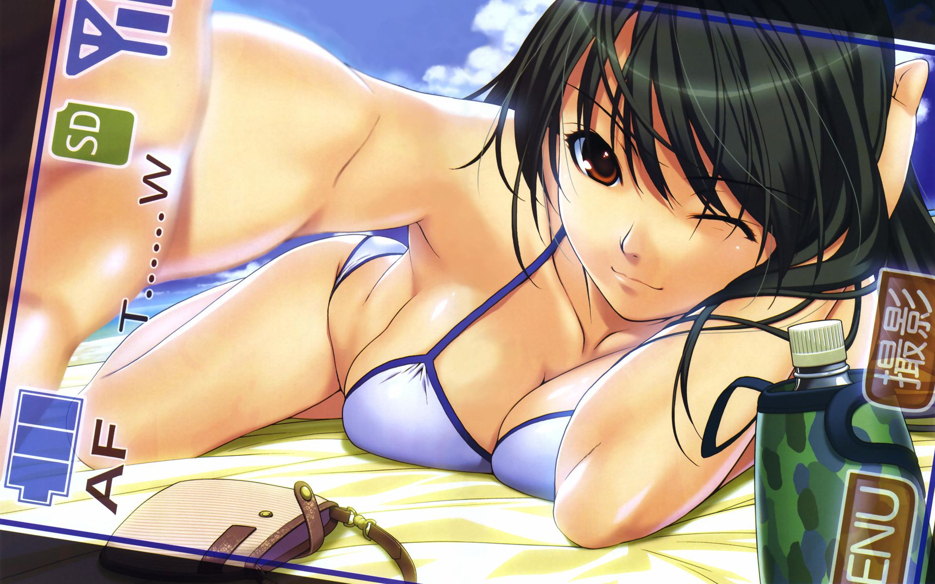 ino (magloid), highres, 1girl, bikini, breast press, breasts, camera, cellphone, day, female focus, large breasts, lying, on stomach, one eye closed, phone, selfie, solo, swimsuit, viewfinder, wink