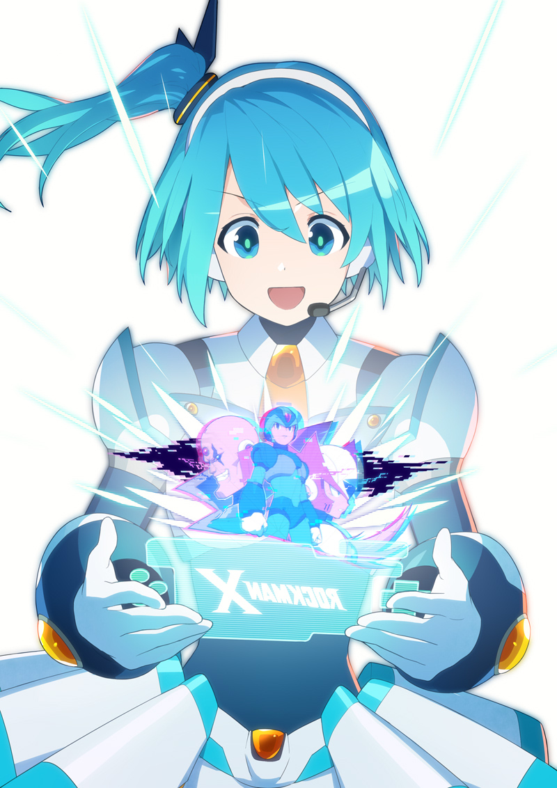 rico (mega man), sigma (mega man), x (mega man), zero (mega man), mega man (series), mega man x (series), mega man x dive, 1girl, 3boys, android, armor, bald, blonde hair, blue armor, blue bow, blue eyes, blue hair, blue helmet, bow, breasts, chest jewel, clenched hands, clenched teeth, evil eyes, evil grin, evil smile, facial mark, fang, forehead jewel, glitch, gloves, green eyes, grin, hair bow, headset, helmet, holding, jewelry, joints, long hair, looking at another, may (nicoseiga 32709921), medium breasts, microphone, multiple boys, netnavi, one side up, open mouth, ponytail, red armor, red helmet, robot, robot ears, robot girl, robot joints, short hair, shorts, shoulder armor, side ponytail, simple background, smile, standing, teeth, white armor, white background, white gloves, white shorts