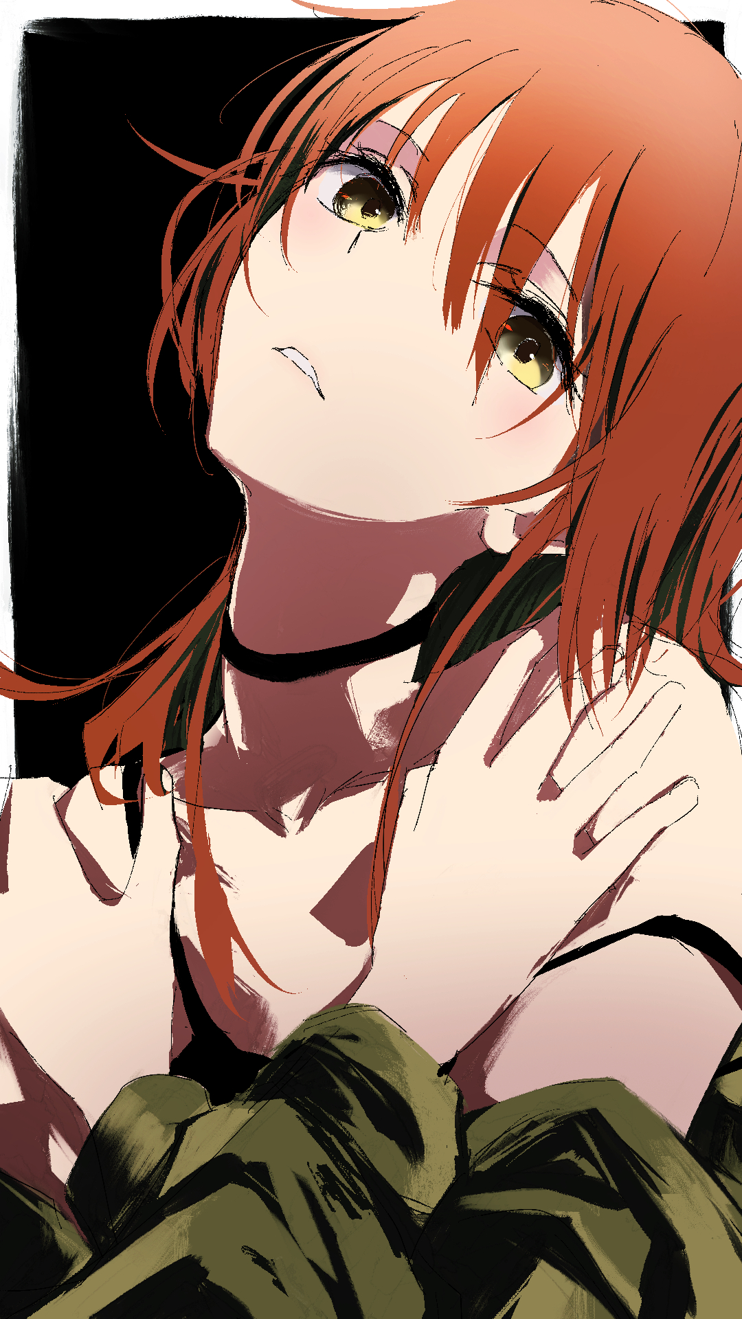juppa sento, kita ikuyo, bocchi the rock!, highres, 1girl, bare shoulders, black background, black choker, black tank top, choker, collarbone, green jacket, hair between eyes, hand on own shoulder, head tilt, jacket, long hair, long sleeves, looking at viewer, open clothes, open jacket, open mouth, red hair, solo, tank top, yellow eyes