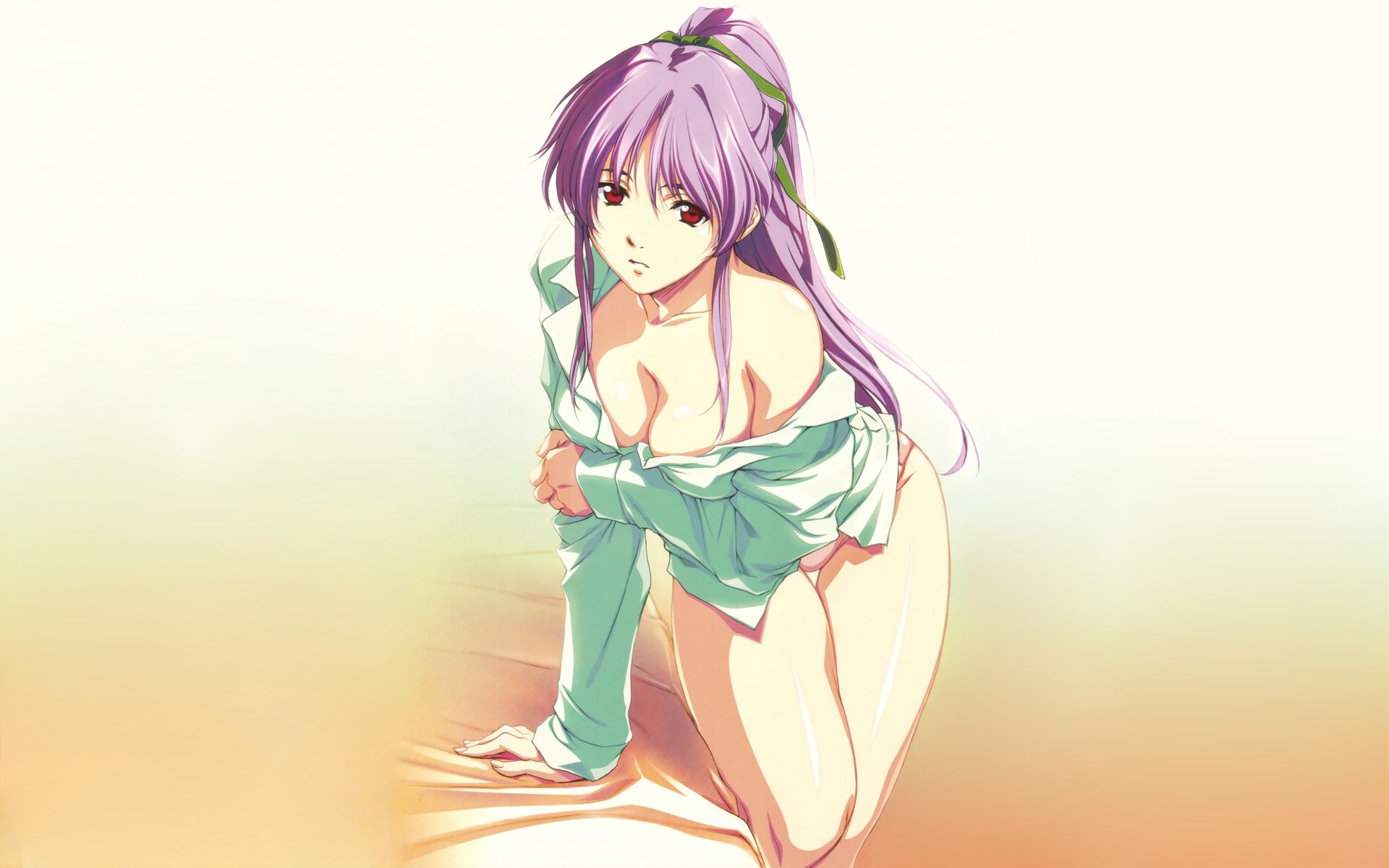horibe hiderou, takabe eri, shusaku, shuusaku (series), highres, official art, official wallpaper, 00s, 1990s (style), 1girl, arm support, bare shoulders, bed, breasts, cleavage, downblouse, dress shirt, female focus, hair ribbon, holding own arm, indoors, large breasts, leaning, long hair, no bra, no pants, off shoulder, panties, pink panties, ponytail, purple hair, red eyes, retro artstyle, ribbon, shirt, solo, standing, thigh gap, thighs, underwear