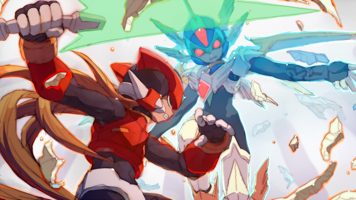 copy x (mega man), zero(z) (mega man), zero (mega man), capcom, mega man (series), mega man zero (series), mega man zero 1, 2boys, android, armor, black eyes, blonde hair, blue armor, blue helmet, chest jewel, clenched hand, clenched teeth, closed mouth, energy sword, evil grin, evil smile, fighting, forehead jewel, grin, helmet, holding, holding sword, holding weapon, jewelry, long hair, looking at another, may (nicoseiga 32709921), mechanical wings, multiple boys, official style, open mouth, ponytail, red armor, red eyes, red helmet, simple background, smile, sword, teeth, very long hair, weapon, white armor, white background, white wings, winged helmet, wings, z saber
