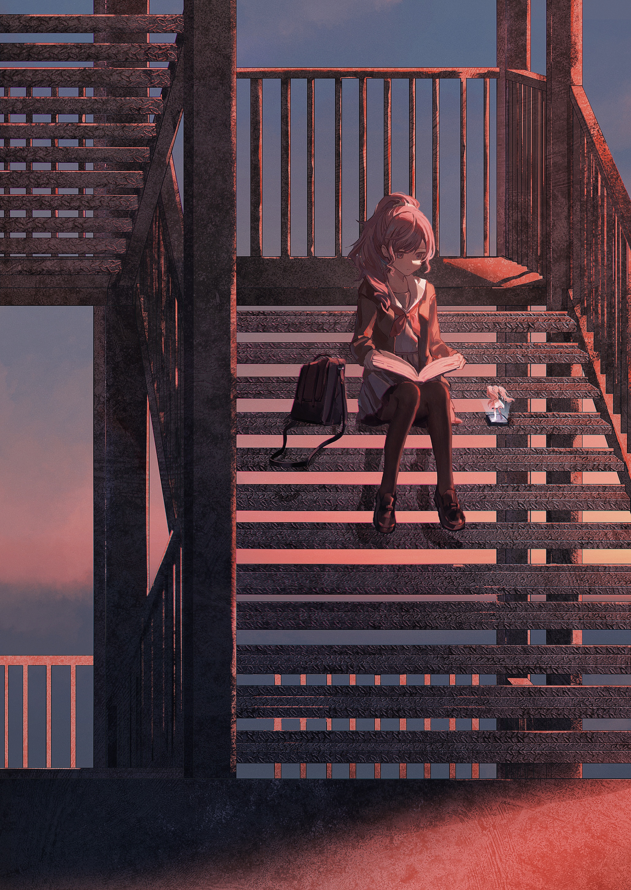 phlic, 25-ji miku, asahina mafuyu, hatsune miku, project sekai, vocaloid, absurdres, commentary, english commentary, highres, 1girl, black bag, black cardigan, black pantyhose, black shoes, blue sky, book, book on lap, cardigan, closed mouth, figure, full body, gradient sky, grey serafuku, grey shirt, grey skirt, hair over shoulder, high ponytail, holding, holding book, knees up, loafers, long hair, looking at object, looking down, miniskirt, miyamasuzaka girls' academy school uniform, neckerchief, open book, open cardigan, open clothes, outdoors, pantyhose, pink sky, pleated skirt, ponytail, purple eyes, purple hair, reading, red neckerchief, sailor collar, school uniform, serafuku, shirt, shoes, sidelighting, sitting, sitting on stairs, skirt, sky, solo, stairs, stone stairs, sunset, swept bangs, wavy hair, white sailor collar