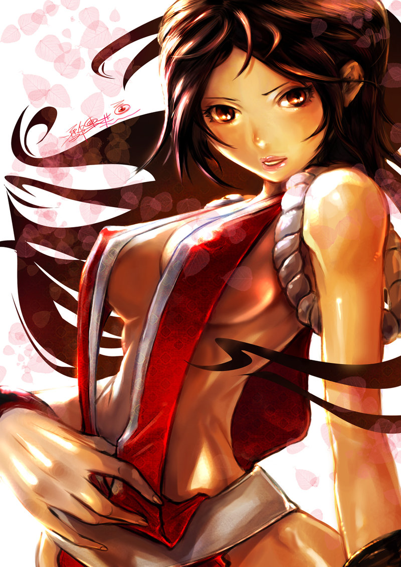 santa fung, shiranui mai, fatal fury, snk, the king of fighters, md5 mismatch, resized, resolution mismatch, source smaller, upscaled, 1girl, breasts, brown eyes, brown hair, cleavage, covered erect nipples, female focus, large breasts, long hair, ninja, revealing clothes, solo