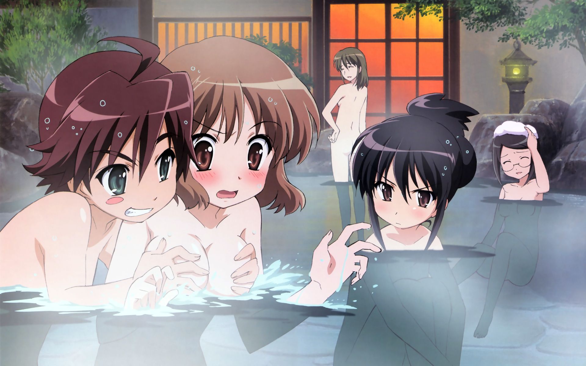 ootsuka mai, fujita harumi, nakamura kimiko, ogata matake, shana, yoshida kazumi, megami magazine, shakugan no shana, highres, official art, official wallpaper, scan, 00s, 5girls, :d, :o, ^ ^, against wall, ahoge, arm up, armpits, ass, back, black hair, blush, blush stickers, breasts, brown eyes, brown hair, cleavage, closed eyes, embarrassed, flat chest, from behind, from side, frown, glasses, grabbing another's breast, grabbing from behind, green eyes, grey hair, grin, groping, hair bun, hair up, hand on own head, hand on own hip, hugging own legs, lantern, laughing, long hair, looking back, looking down, multiple girls, naughty face, nude, onsen, open mouth, partially submerged, rock, semi-rimless eyewear, short hair, sideboob, sidelocks, single hair bun, sitting, small breasts, smile, standing, steam, surprised, swept bangs, towel, towel on head, tree, under-rim eyewear, wading, water, wet, wet hair, yuri