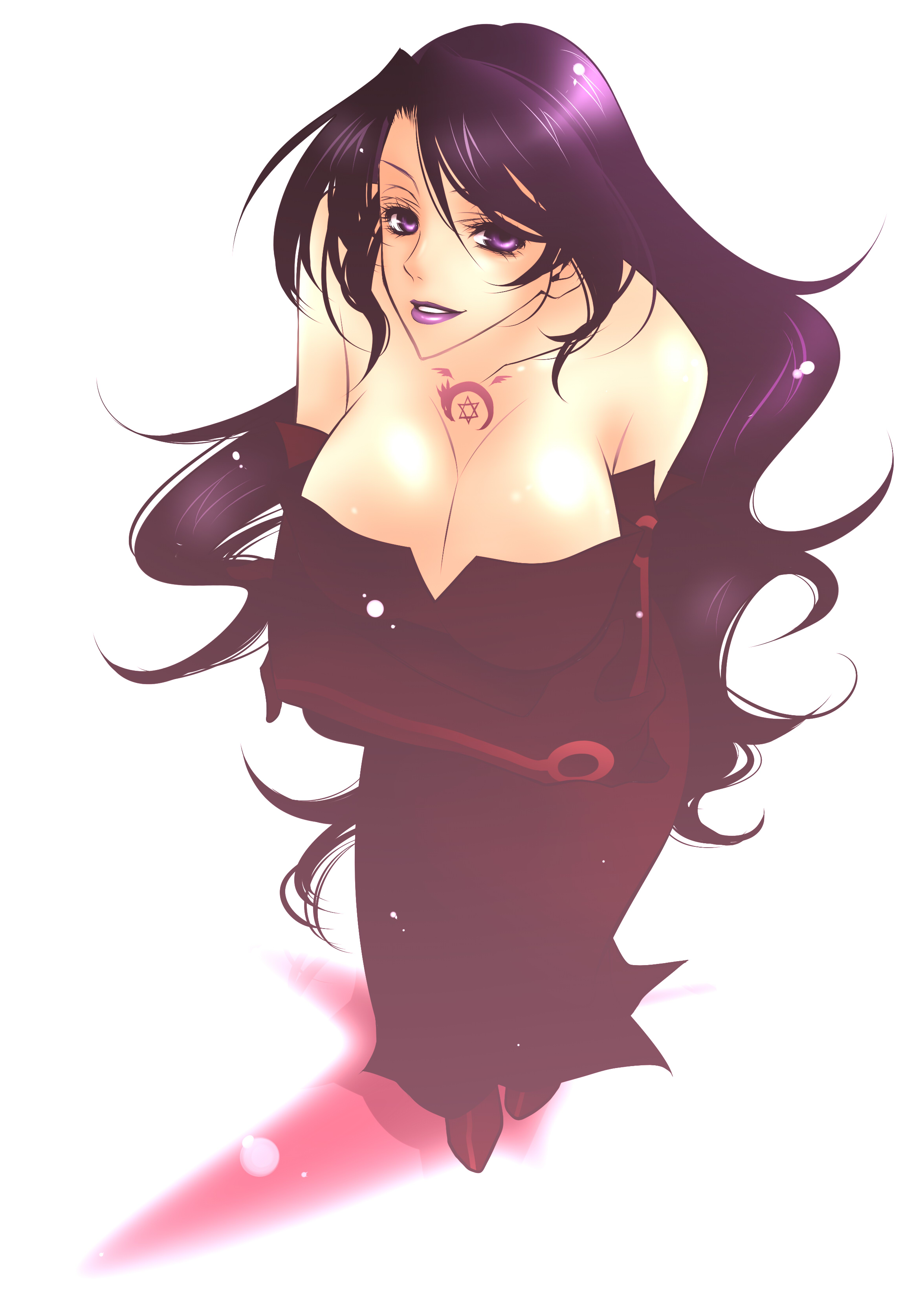 mutsuki futako, mutsukifutako (pixiv), lust (fma), fullmetal alchemist, breast hold, homunculus, absurdres, bad id, bad pixiv id, highres, 00s, 1girl, bare shoulders, bent over, black dress, black gloves, black hair, breasts, breasts squeezed together, cleavage, crossed arms, dress, female focus, gloves, large breasts, lipstick, long hair, makeup, ouroboros, purple eyes, purple lips, shiny skin, simple background, sleeveless, sleeveless dress, smile, solo, strapless, strapless dress, tattoo, wavy hair
