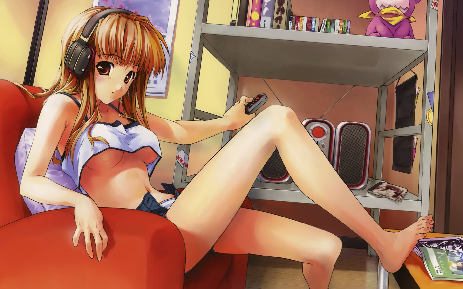 minamino kanata, highres, 1girl, barefoot, blush, breasts, chair, feet, female focus, headphones, large breasts, orange hair, sitting, solo, stereo, underboob
