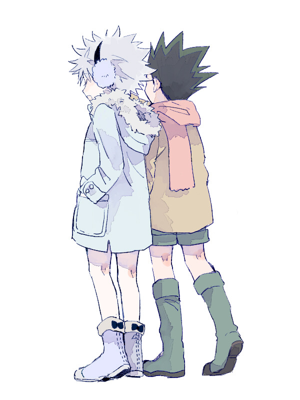 smcms-m, gon freecss, killua zoldyck, hunter x hunter, 2boys, alternate costume, black bow, black hair, boots, bow, coat, earmuffs, from behind, full body, fur-trimmed hood, fur trim, green boots, green coat, green shorts, hand in pocket, hood, long sleeves, male focus, multiple boys, open mouth, red scarf, scarf, short hair, shorts, standing, white background, white boots, white coat, white fur, white hair