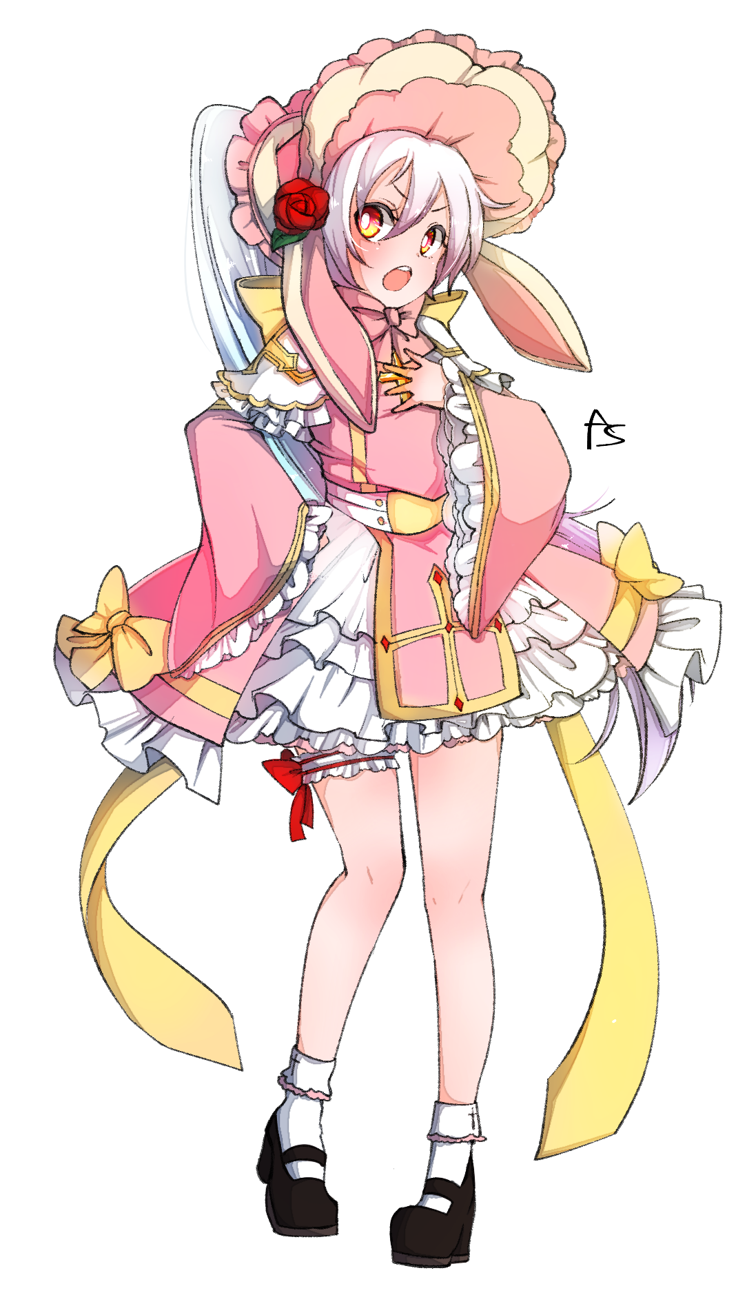 asuta (kinakomoti300), arch bishop (ragnarok online), ragnarok online, commentary request, highres, 1girl, :o, animal ears, blush, bonnet, bow, bright pupils, cross, dress, dress bow, fake animal ears, flat chest, flower, frilled dress, frilled sleeves, frilled thigh strap, frills, full body, hand on own chest, hat, hat flower, high ponytail, long hair, looking at viewer, official alternate costume, open mouth, pink bonnet, pink dress, ponytail, rabbit ears, red flower, red rose, rose, sash, simple background, socks, solo, thigh strap, two-tone dress, v-shaped eyebrows, very long hair, white background, white dress, white hair, white pupils, white sash, white socks, yellow bow, yellow eyes
