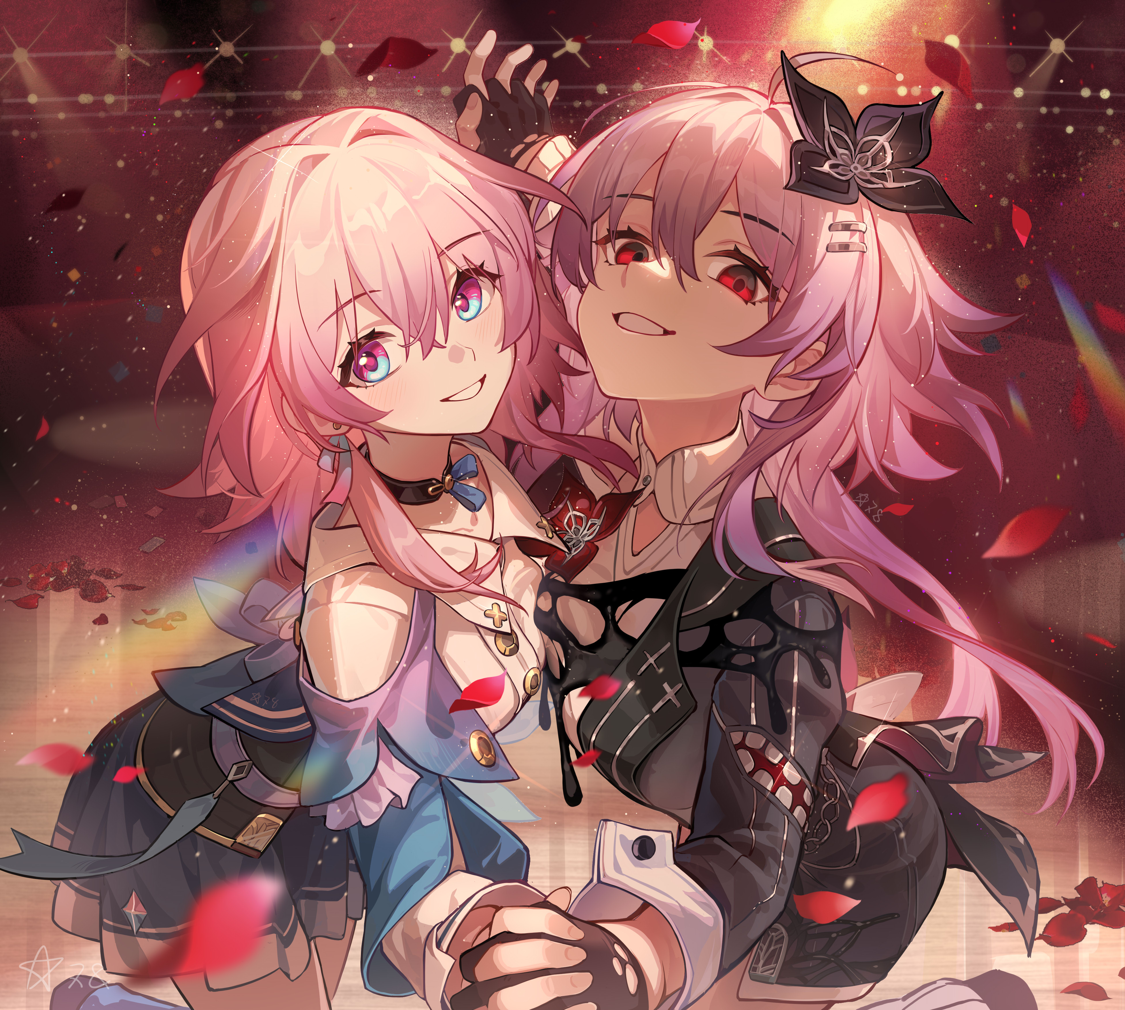 xingqiba (974528265), evernight (honkai: star rail), march 7th (honkai: star rail), march 7th (preservation) (honkai: star rail), honkai: star rail, honkai (series), absurdres, commentary request, highres, 2girls, asymmetrical docking, black choker, black flower, black gloves, blue eyes, blue jacket, blue skirt, blurry, blurry background, breast press, choker, cowboy shot, dual persona, falling petals, flower, gloves, grin, hair between eyes, hair flower, hair ornament, hairclip, half-jacket, hand up, holding hands, interlocked fingers, jacket, long hair, long sleeves, looking at viewer, medium hair, multicolored eyes, multiple girls, parallel hairclips, petals, pink eyes, pink hair, red eyes, red petals, shirt, skirt, smile, stage lights, two-tone eyes, white shirt