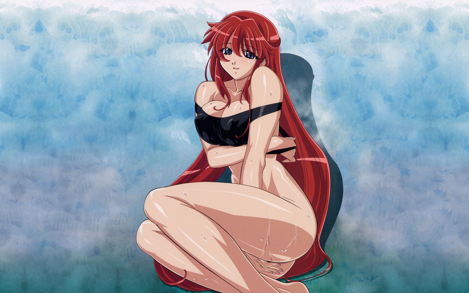 kuroda kazuya, dita liebely, vandread, highres, 00s, 1girl, blue eyes, bottomless, breasts, covered erect nipples, female focus, large breasts, long hair, red hair, solo