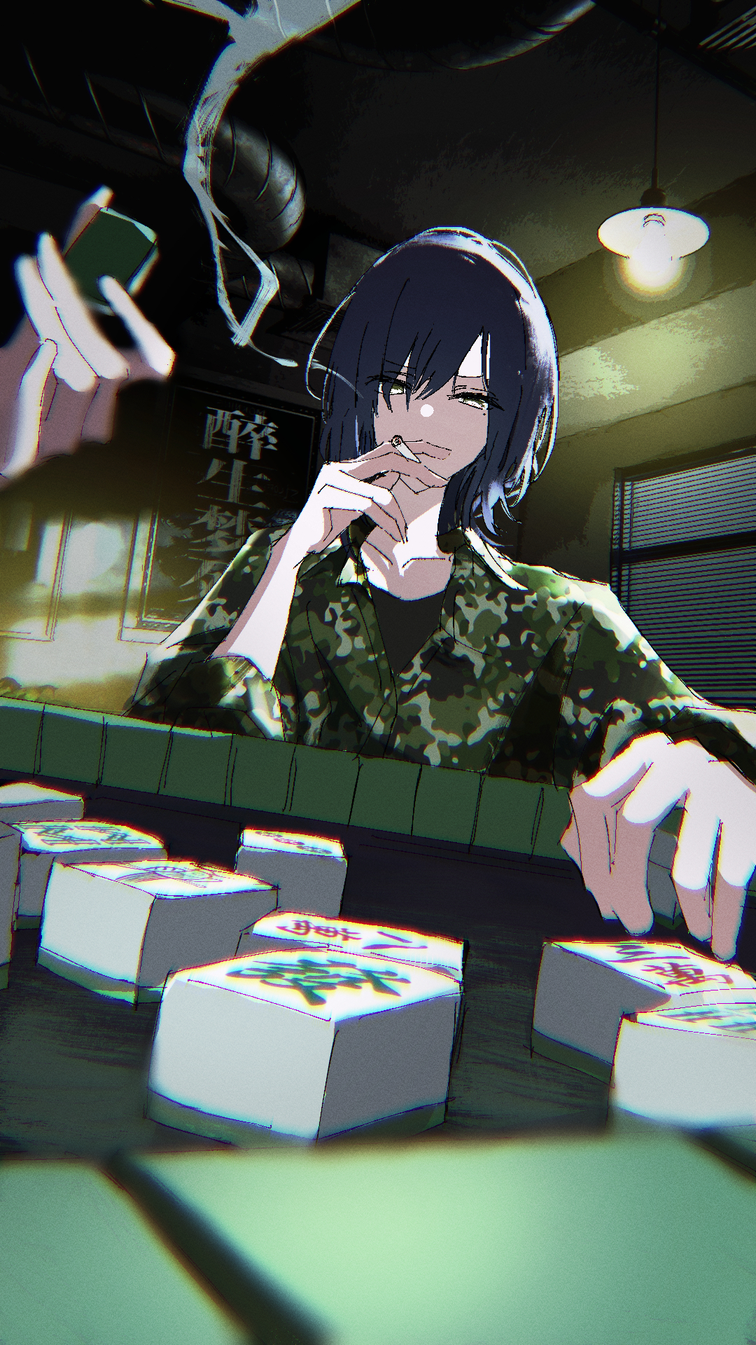 juppa sento, yamada ryo, highres, aged up, blowing smoke, blue hair, camouflage, camouflage jacket, cigarette, collared shirt, holding, holding cigarette, holding mahjong tile, jacket, mahjong, mahjong table, mahjong tile, shirt, short hair, short sleeves, smoke, smoke trail, smoking, table