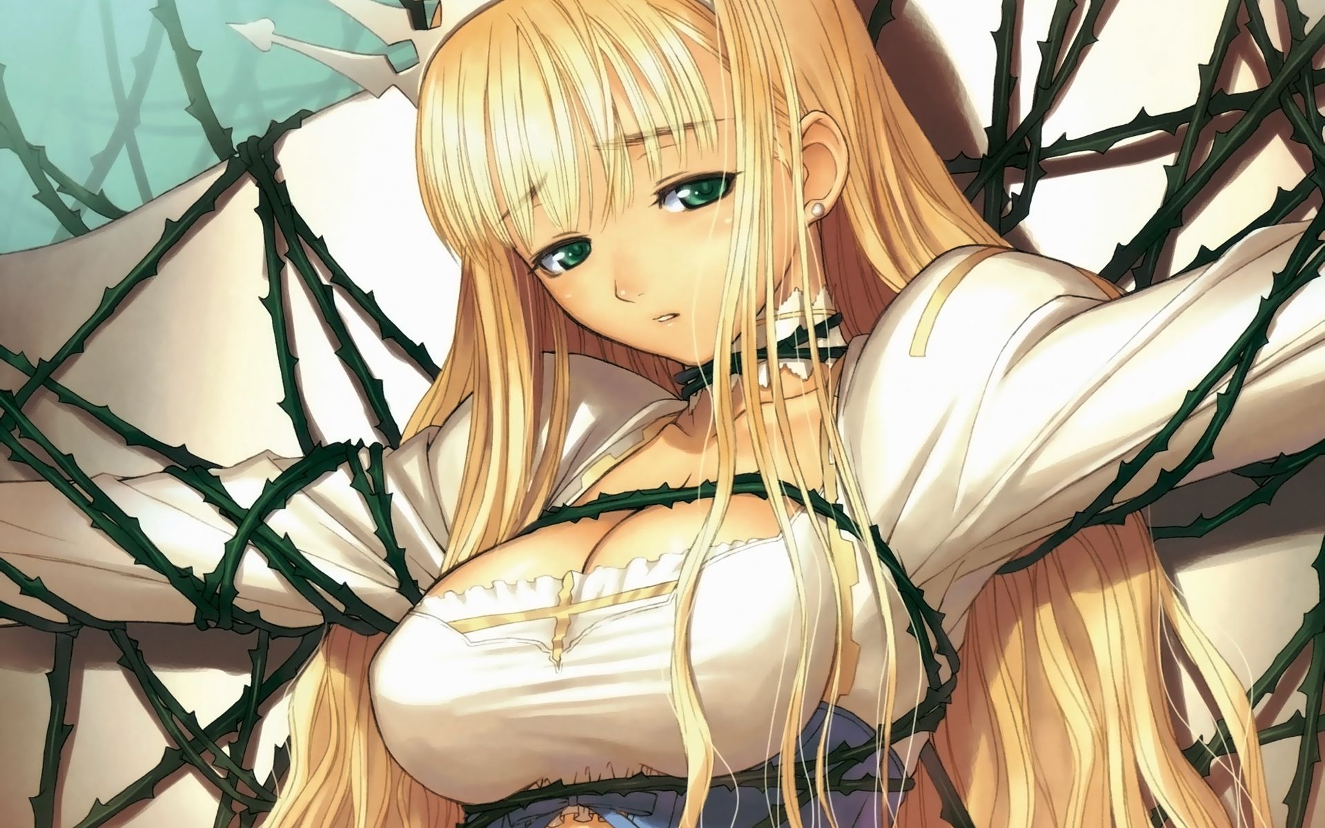 tony taka, clalaclan philias, sega, shining (series), shining wind, highres, 1girl, bdsm, blonde hair, bondage, bound, breasts, cleavage, female focus, green eyes, large breasts, long hair, solo, thorns, very long hair