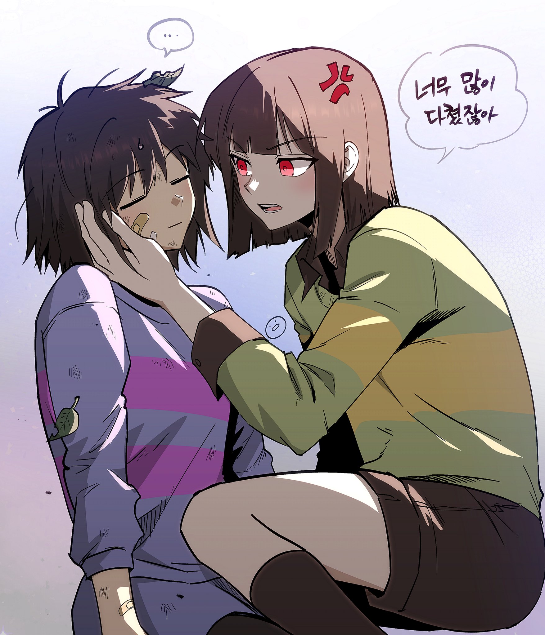 chara (undertale), frisk (undertale), undertale, utdr (toby fox), commentary request, highres, korean commentary, translation request, …, 2others, anger vein, bandaid, bandaid on face, black shirt, black shorts, blue sweater, blunt ends, bob cut, brown hair, closed eyes, double horizontal stripe, green sweater, hand on another's face, imsong, korean text, multiple others, other focus, red eyes, shirt, short hair, shorts, single horizontal stripe, spoken ellipsis, striped clothes, striped sweater, sweater