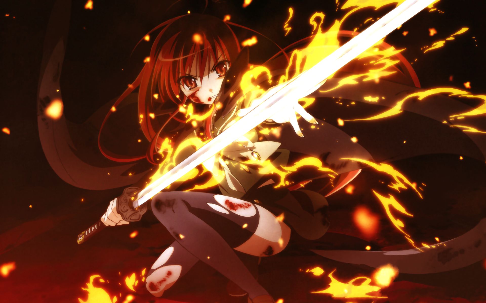 alastor (shakugan no shana), shana, shakugan no shana, highres, 00s, 1girl, blood, female focus, fire, jewelry, pendant, red hair, solo, sword, thighhighs, weapon