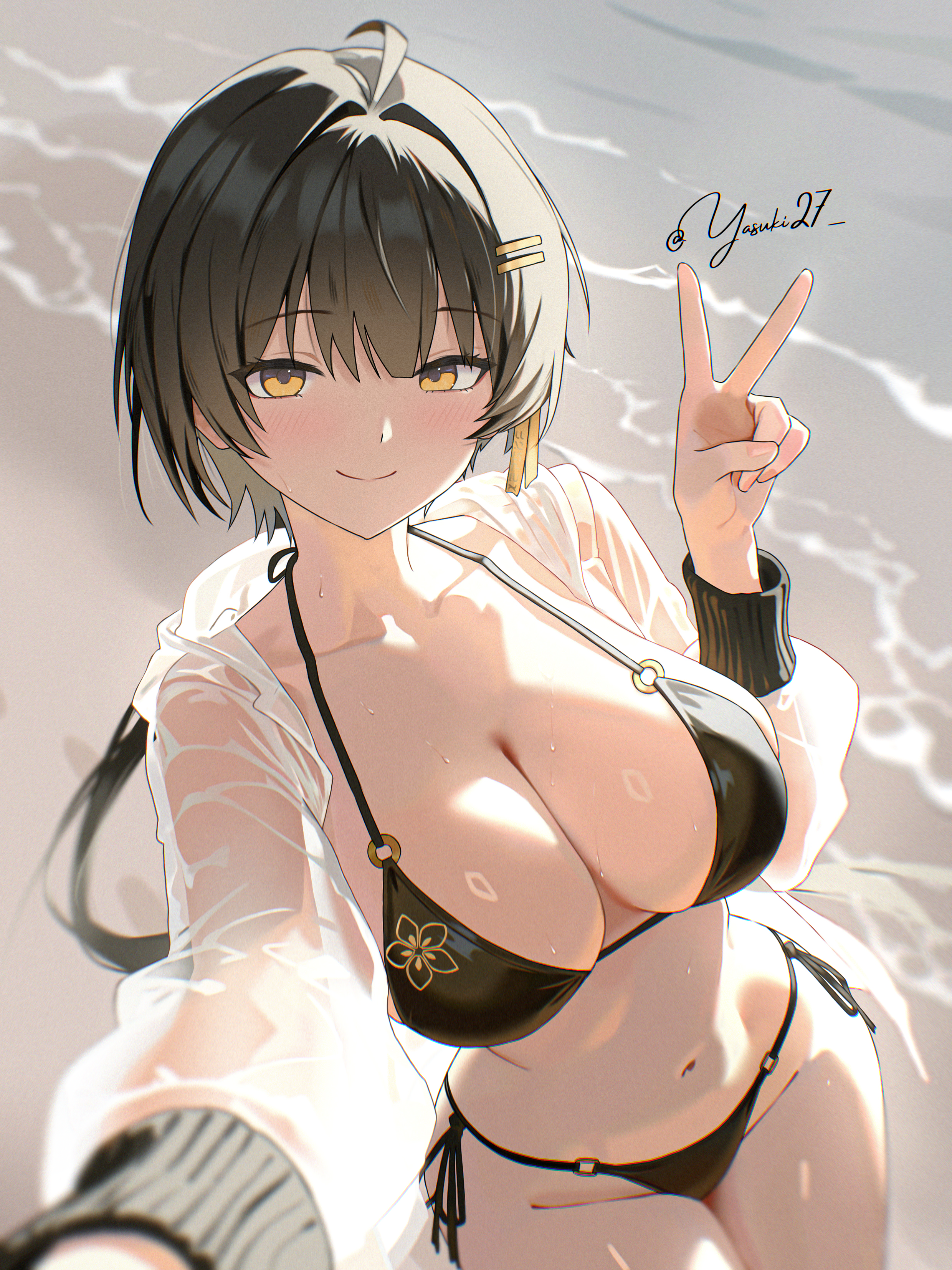 yasuki27, female rover (wuthering waves), rover (wuthering waves), wuthering waves, absurdres, commentary, english commentary, highres, 1girl, ahoge, alternate costume, bikini, black bikini, black hair, breasts, cleavage, closed mouth, collarbone, groin, hair ornament, hair ribbon, hairclip, halterneck, hand up, hood, hood down, hooded jacket, jacket, large breasts, light blush, long sleeves, looking at viewer, navel, open clothes, open jacket, parallel hairclips, ribbon, see-through clothes, see-through jacket, signature, smile, solo, stomach, string bikini, swimsuit, thighs, v, wet, white jacket, yellow eyes, yellow ribbon