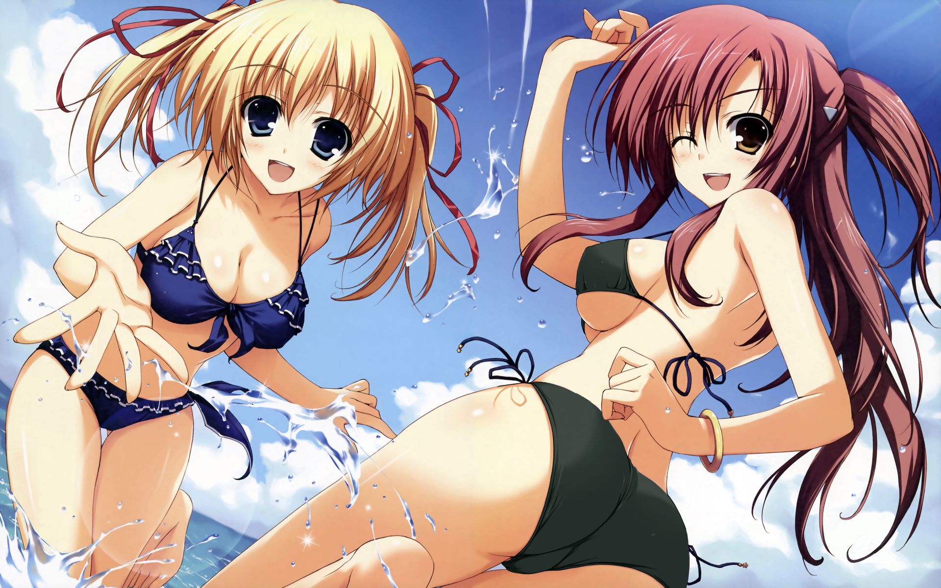 tomose shunsaku, kurayashiki tae, nikaidou reika, akatsuki no goei, original, highres, 2girls, :d, ;d, ass, bare shoulders, bikini, black bikini, blonde hair, blue bikini, blue eyes, blue sky, blush, body blush, bracelet, breasts, brown eyes, cleavage, cloud, collarbone, day, female focus, frilled bikini, frills, front-tie top, hair between eyes, hair ribbon, jewelry, large breasts, legs, looking at viewer, looking back, multiple girls, one eye closed, open hand, open mouth, outdoors, red hair, ribbon, side-tie bikini bottom, sky, smile, splashing, swimsuit, thigh gap, thighs, twintails, underboob, water, wink