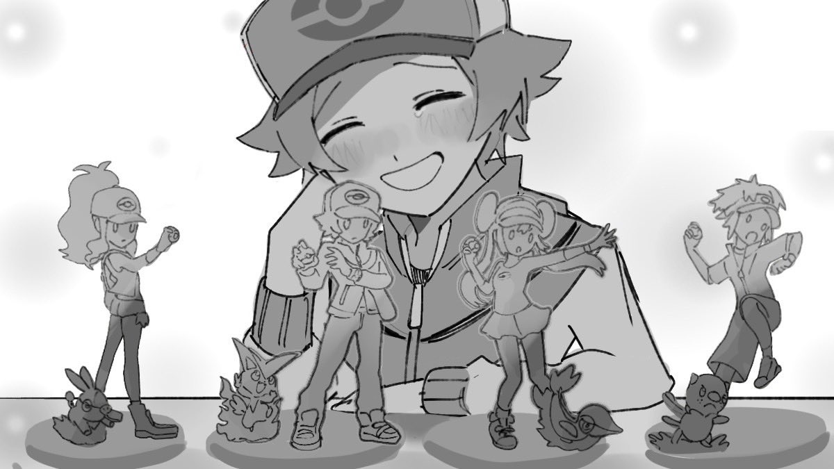 komyu 1018, hilbert (pokemon), hilda (pokemon), nate (pokemon), oshawott, rosa (pokemon), snivy, tepig, victini, nintendo, pokemon, pokemon bw, pokemon bw2, 1boy, backwards hat, baseball cap, blush, gen 5 pokemon, happy, hat, legendary pokemon, lineart, monochrome, mythical pokemon, poke ball print, pokemon (creature), smile, starter pokemon trio, zipper pull tab