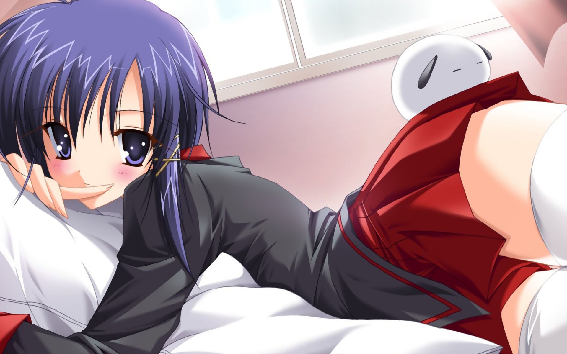 choco chip, naruse aoi, atelier kaguya, mahokoi, game cg, highres, 1girl, bed, blue eyes, blue hair, blush, female focus, lying, matching hair/eyes, on side, skirt, solo, thighhighs, white thighhighs, window, zettai ryouiki