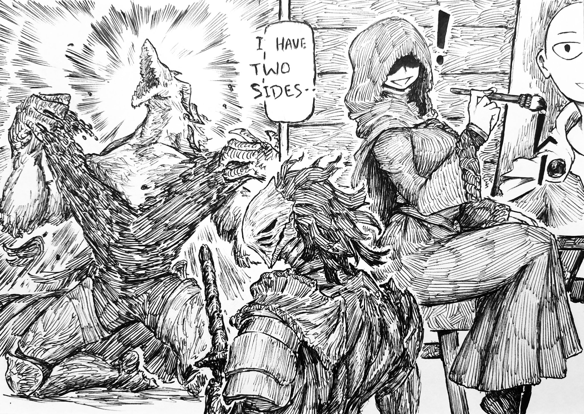 chronozbergh, executor (elden ring), saitama (one-punch man), elden ring, elden ring nightreign, one-punch man, character request, highres, !, 1girl, 2boys, armor, bald, cloak, easel, english text, greyscale, holding, holding paintbrush, holding sword, holding weapon, hood, hooded cloak, katana, monochrome, multiple boys, paintbrush, painting (action), smile, speech bubble, sword, transformation, weapon