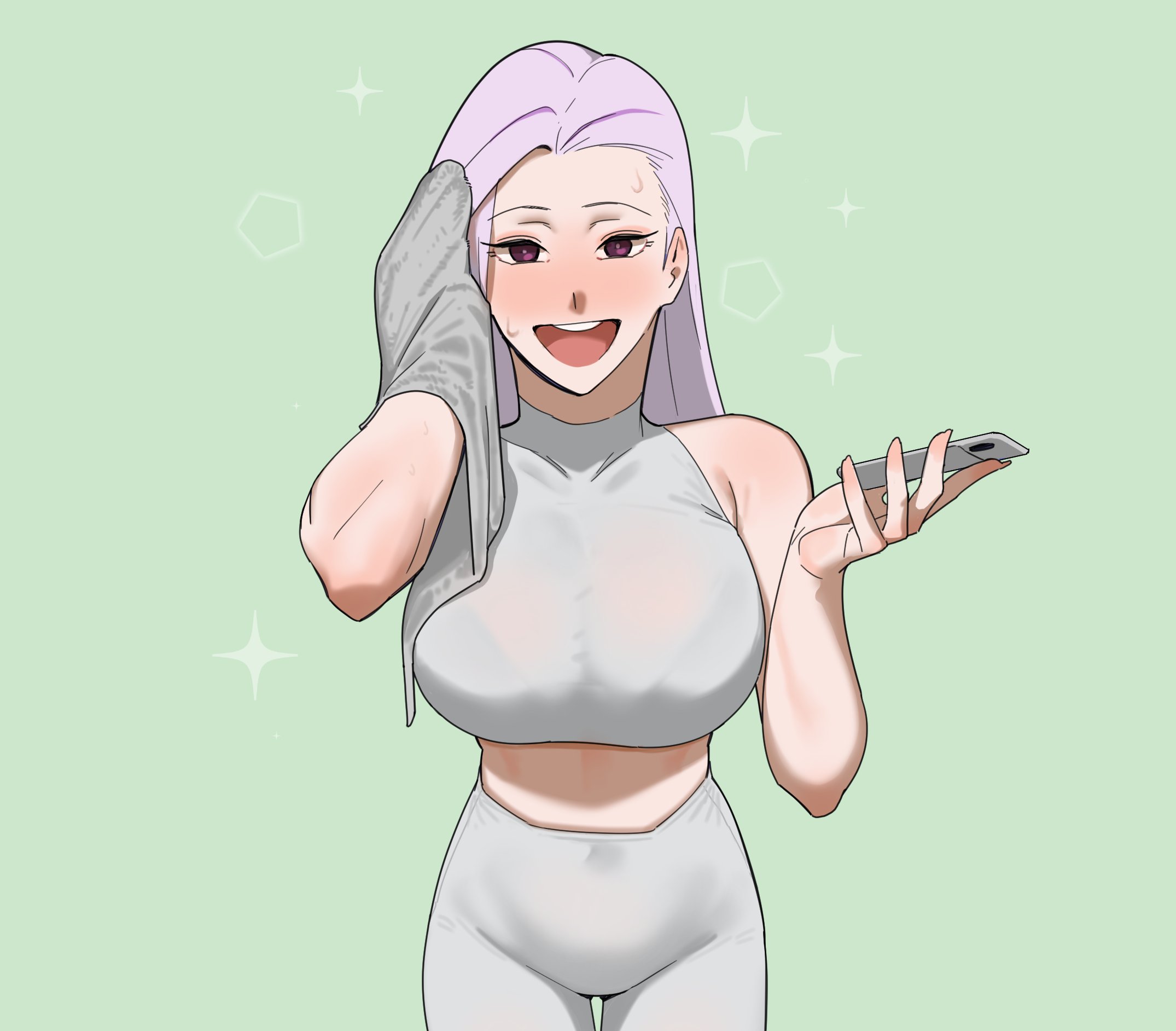 hong doo, original, highres, hand towel, high-waist pants, holding, holding phone, holding towel, midriff, open mouth, pants, phone, sports bra, sweaty clothes, temporal hairline, towel, white pants, white sports bra, wiping face, wiping sweat, yoga pants