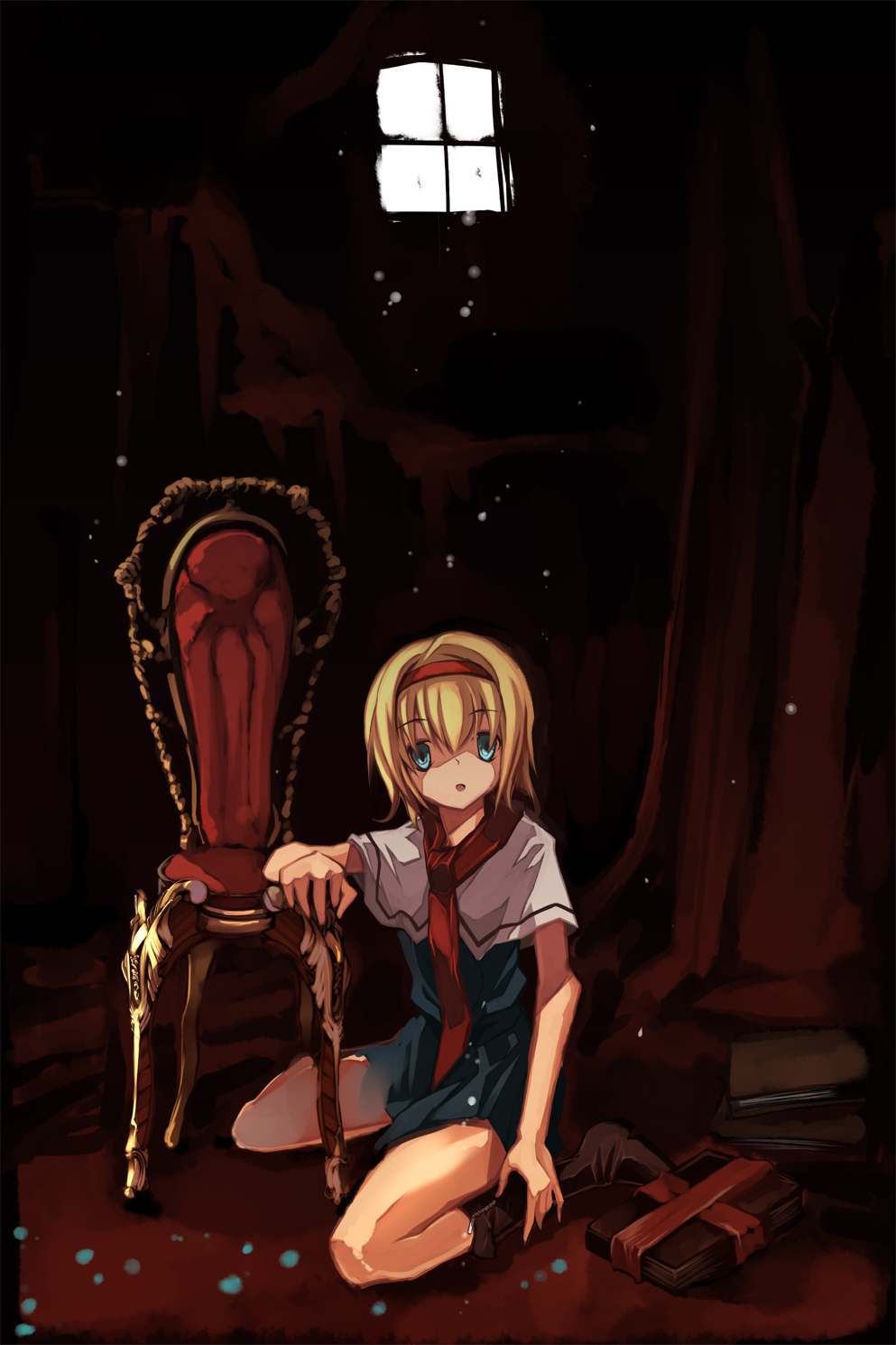 shimadoriru, alice margatroid, touhou, highres, 1girl, blonde hair, blue dress, blue eyes, capelet, chair, dress, dust, expressionless, female focus, indoors, kneeling, looking at viewer, necktie, on floor, red necktie, shaded face, sitting, solo, window