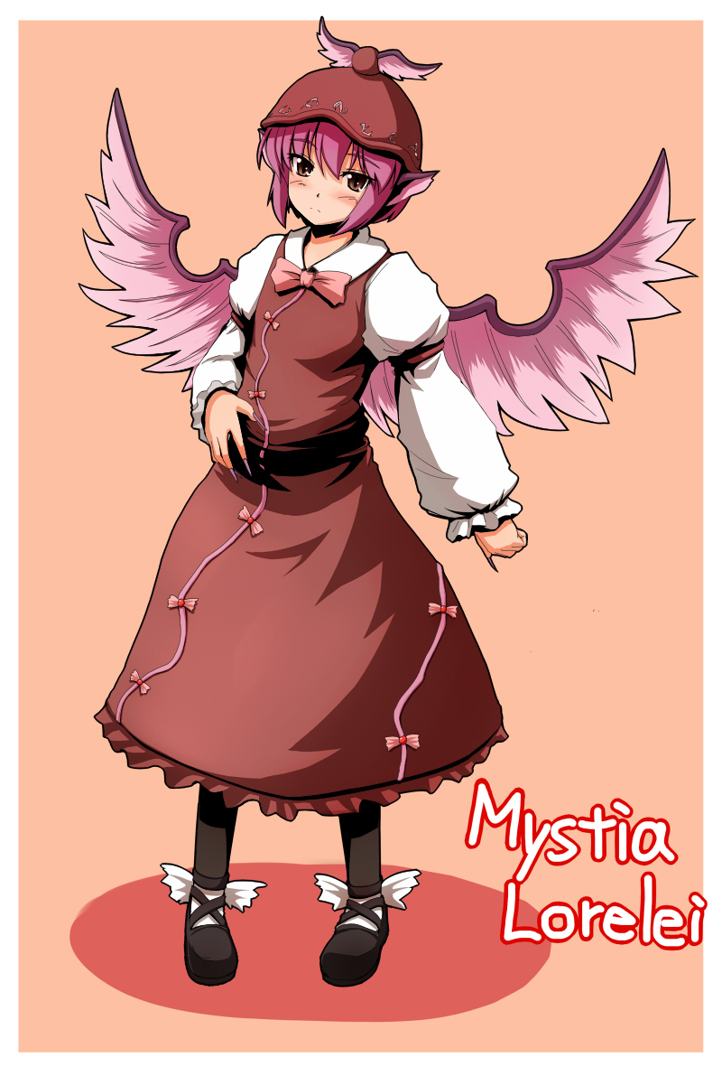 negija, mystia lorelei, touhou, winged footwear, 1girl, animal ears, black pantyhose, blush, brown eyes, dress, female focus, fingernails, full body, hat, head tilt, long fingernails, nail (hardware), nail polish, pantyhose, pink hair, shoes, short hair, simple background, solo, standing, winged hat, wings