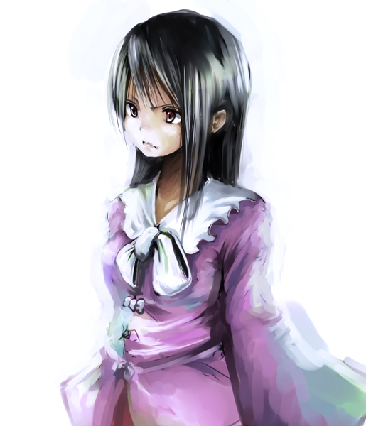 yae (mono110), houraisan kaguya, touhou, 1girl, black hair, bow, bowtie, collar, female focus, frills, long hair, long sleeves, simple background, solo, upper body, white background, white bow, white bowtie