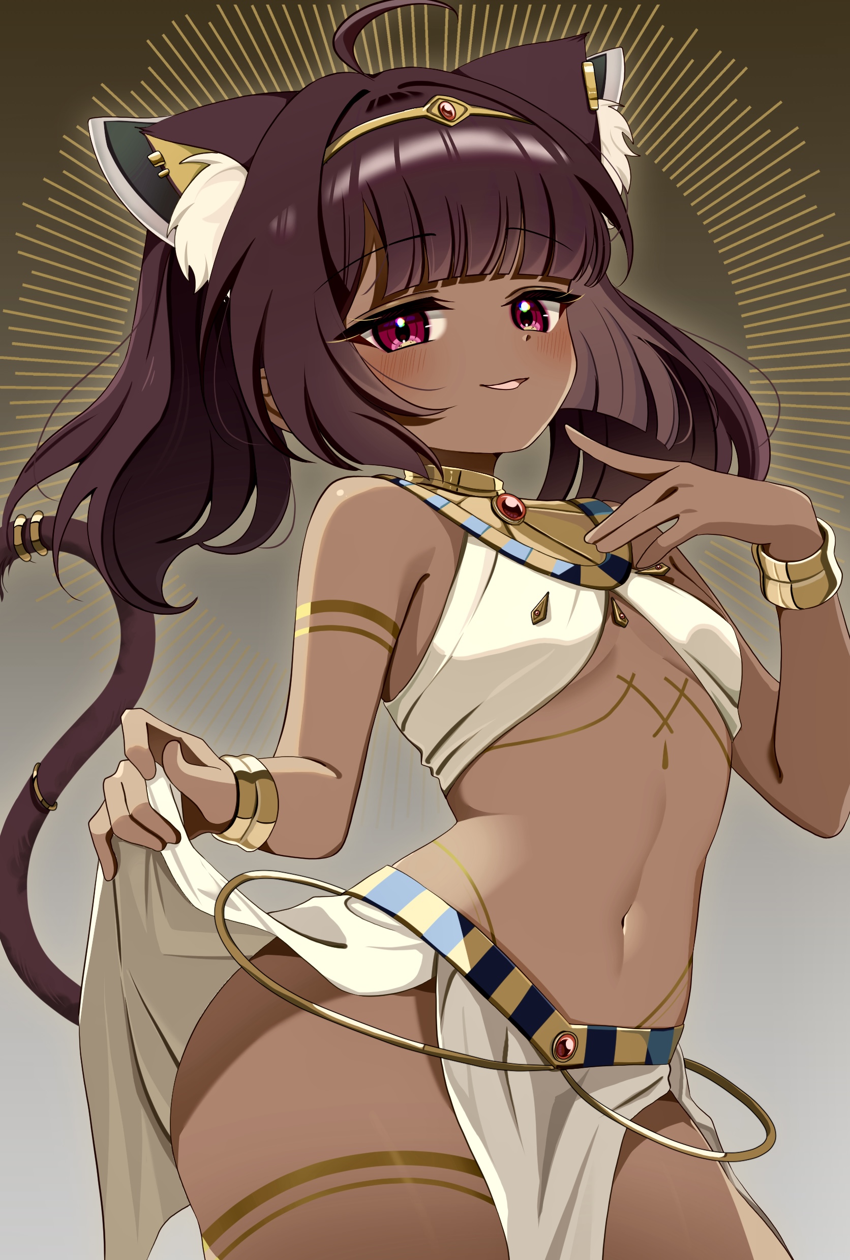 kano3, touhoku kiritan, voiceroid, absurdres, commentary, highres, 1girl, ahoge, alternate costume, alternate skin color, ancient egyptian, ancient egyptian clothes, animal ear fluff, animal ears, bangle, bare shoulders, blunt bangs, blush, bracelet, breasts, brown hair, cat ears, cat tail, cowboy shot, dark-skinned female, dark skin, gem, hand up, if you want to become a godly artist (trend), jewelry, loincloth, looking at viewer, midriff, navel, parted lips, red eyes, short hair, simple background, small breasts, smile, solo, stomach, tail, tail ornament, tail raised, tail ring, usekh collar