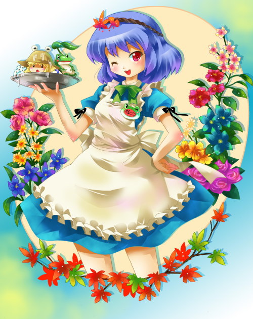 michii yuuki, moriya suwako, yasaka kanako, touhou, 2girls, chibi, female focus, flower, frog, hair ornament, leaf hair ornament, multiple girls, waitress