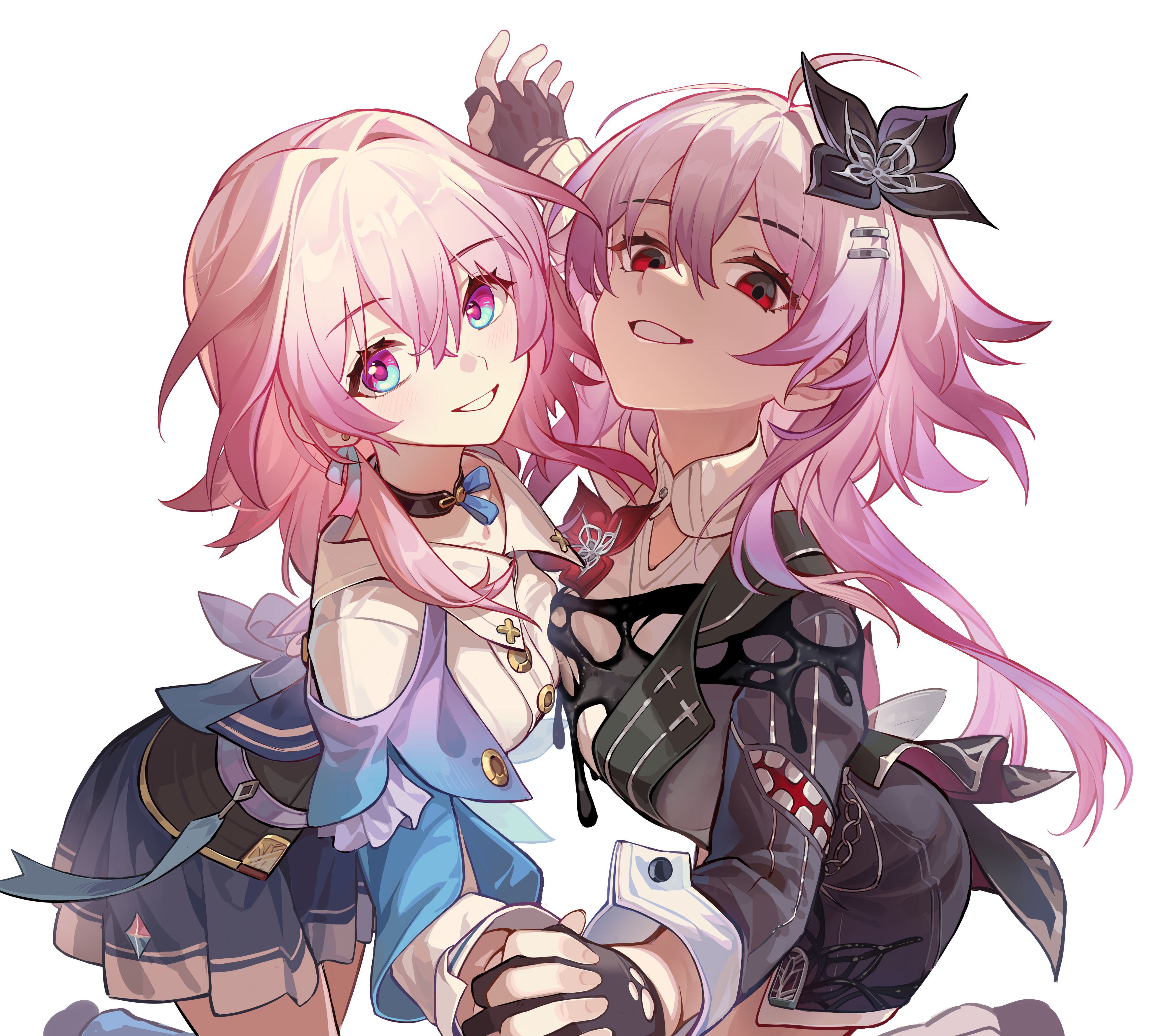 xingqiba (974528265), evernight (honkai: star rail), march 7th (honkai: star rail), march 7th (preservation) (honkai: star rail), honkai: star rail, honkai (series), absurdres, commentary request, highres, 2girls, asymmetrical docking, black choker, black flower, black gloves, blue eyes, blue jacket, blue skirt, breast press, choker, cowboy shot, dual persona, flower, gloves, grin, hair between eyes, hair flower, hair ornament, hairclip, half-jacket, hand up, holding hands, interlocked fingers, jacket, long hair, long sleeves, looking at viewer, medium hair, multicolored eyes, multiple girls, parallel hairclips, petals, pink eyes, pink hair, red eyes, shirt, simple background, skirt, smile, two-tone eyes, white background, white shirt