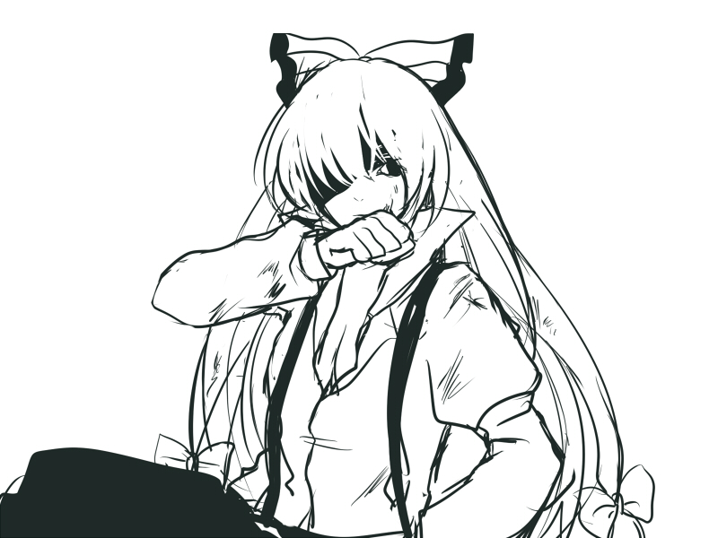 harano, fujiwara no mokou, touhou, 1girl, bow, breasts, cleavage, collarbone, collared shirt, female focus, green theme, hair bow, long sleeves, looking at viewer, monochrome, pants, shirt, simple background, sitting, solo, suspenders, white background