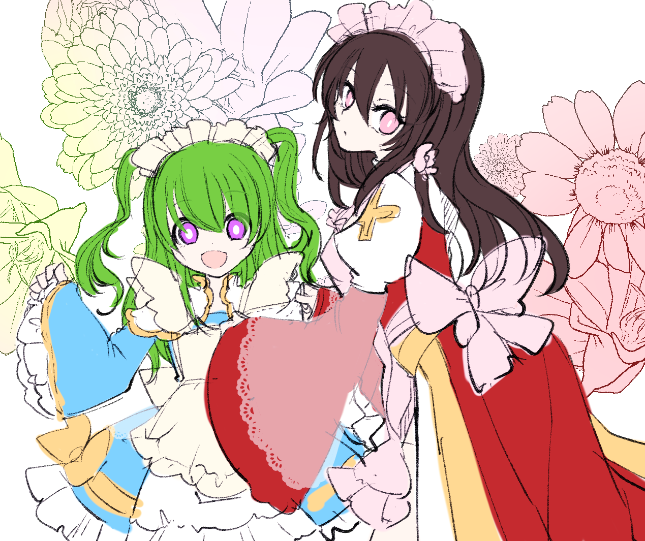 asuta (kinakomoti300), arch bishop (ragnarok online), ragnarok online, commentary request, 2girls, apron, back bow, blue dress, bow, bright pupils, cowboy shot, dress, dress bow, flower, frilled dress, frilled sleeves, frills, green hair, juliet sleeves, long hair, long sleeves, looking at viewer, looking to the side, maid headdress, multiple girls, official alternate costume, open mouth, pink bow, pink eyes, puffy sleeves, purple eyes, red dress, two side up, white apron, white background, white pupils, yellow bow